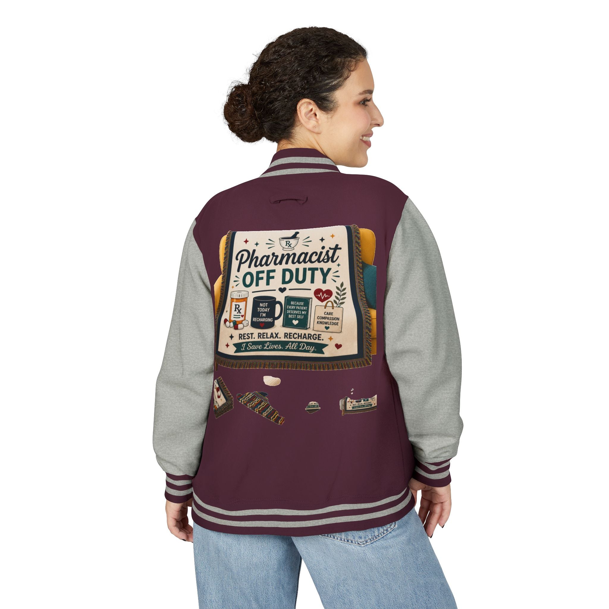 Letterman Jacket — 'Pharmacist Off Duty' Retro Patch Design