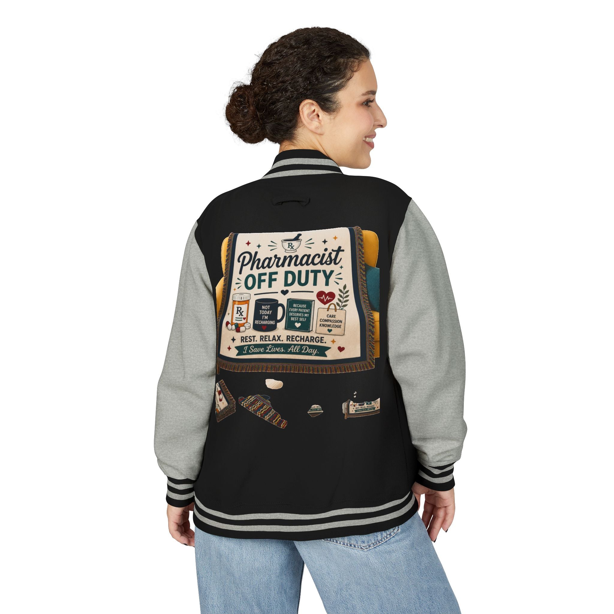 Letterman Jacket — 'Pharmacist Off Duty' Retro Patch Design