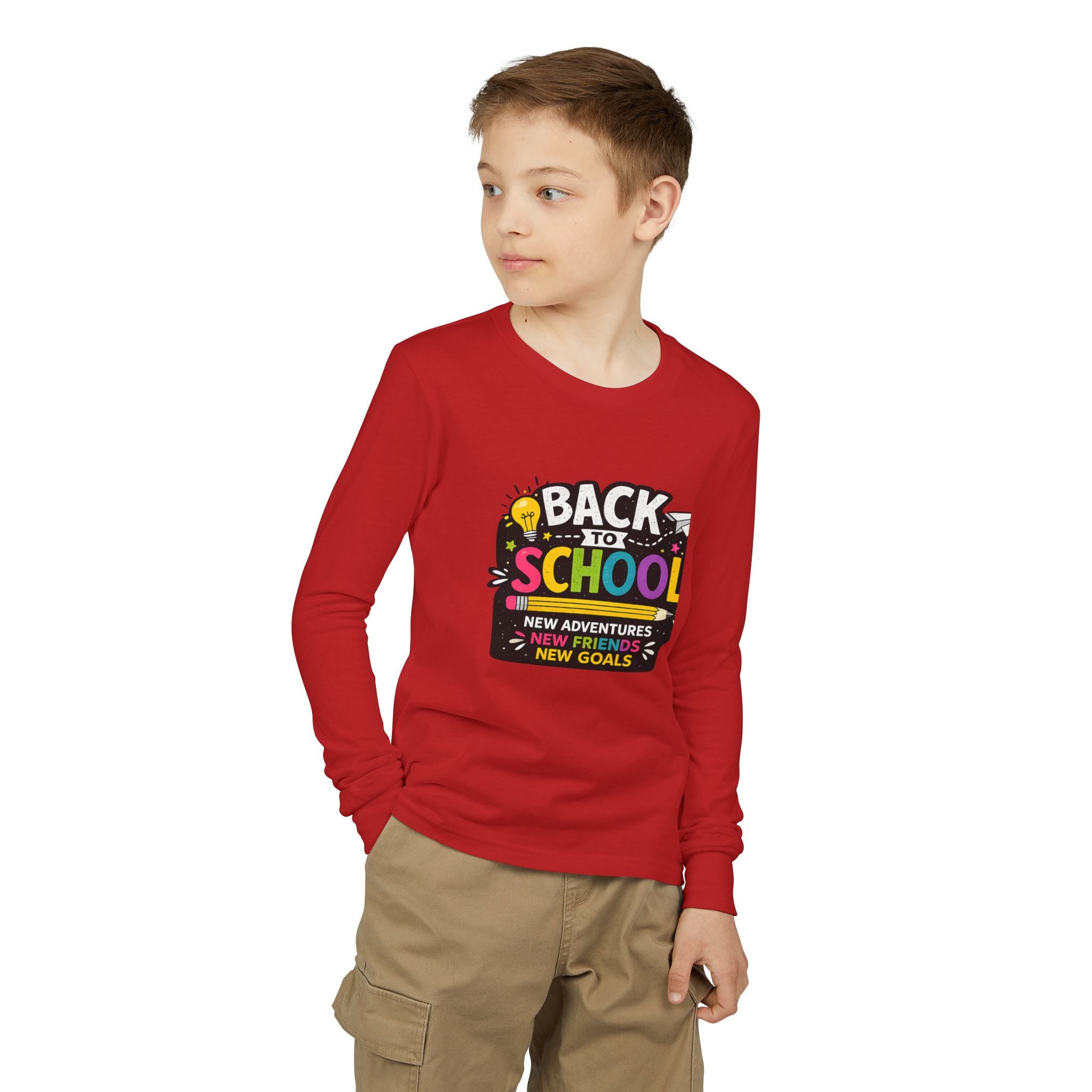 Back to School Youth Long Sleeve Tee — "New Adventures, New Friends, New Goals"