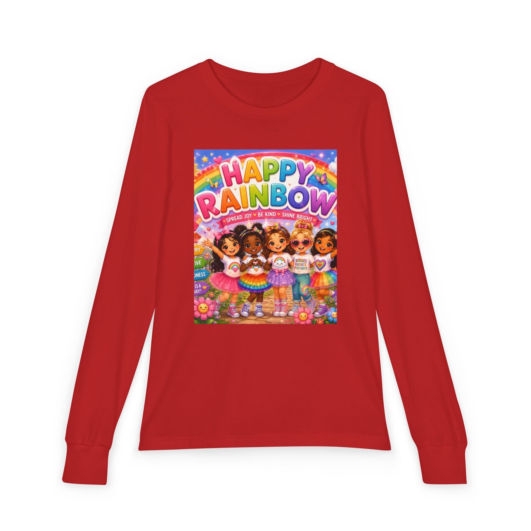 Happy Rainbow Kids Long Sleeve Tee — Cute Multiracial Doll Graphic