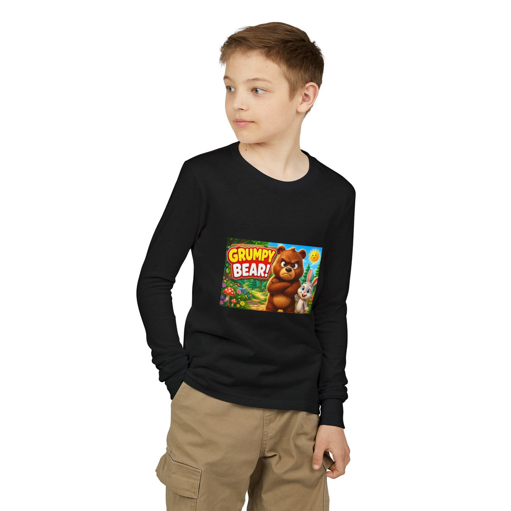 Grumpy Bear Kids Long Sleeve Tee — Cute Cartoon Bear & Bunny Graphic