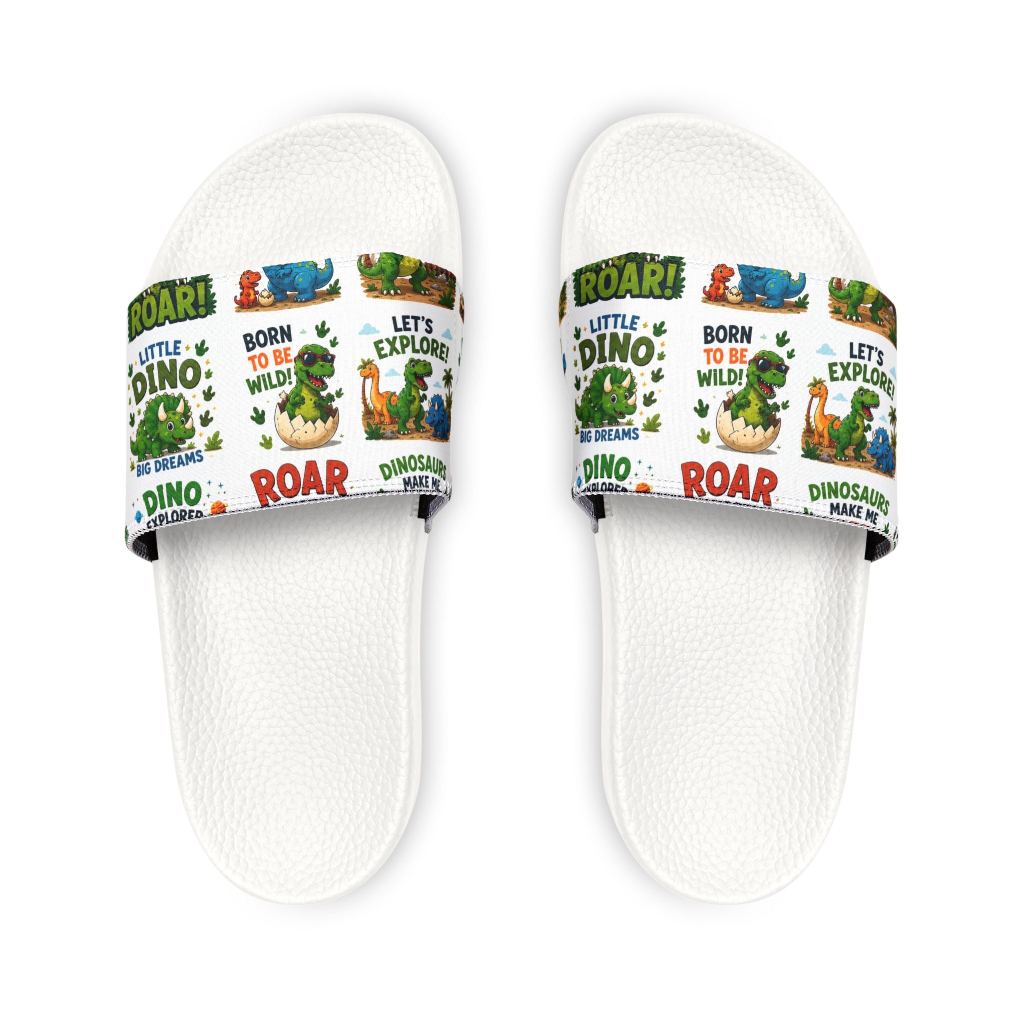 Youth Dino Slides — Removable-Strap Kids Sandals with Cute Dinosaur Print