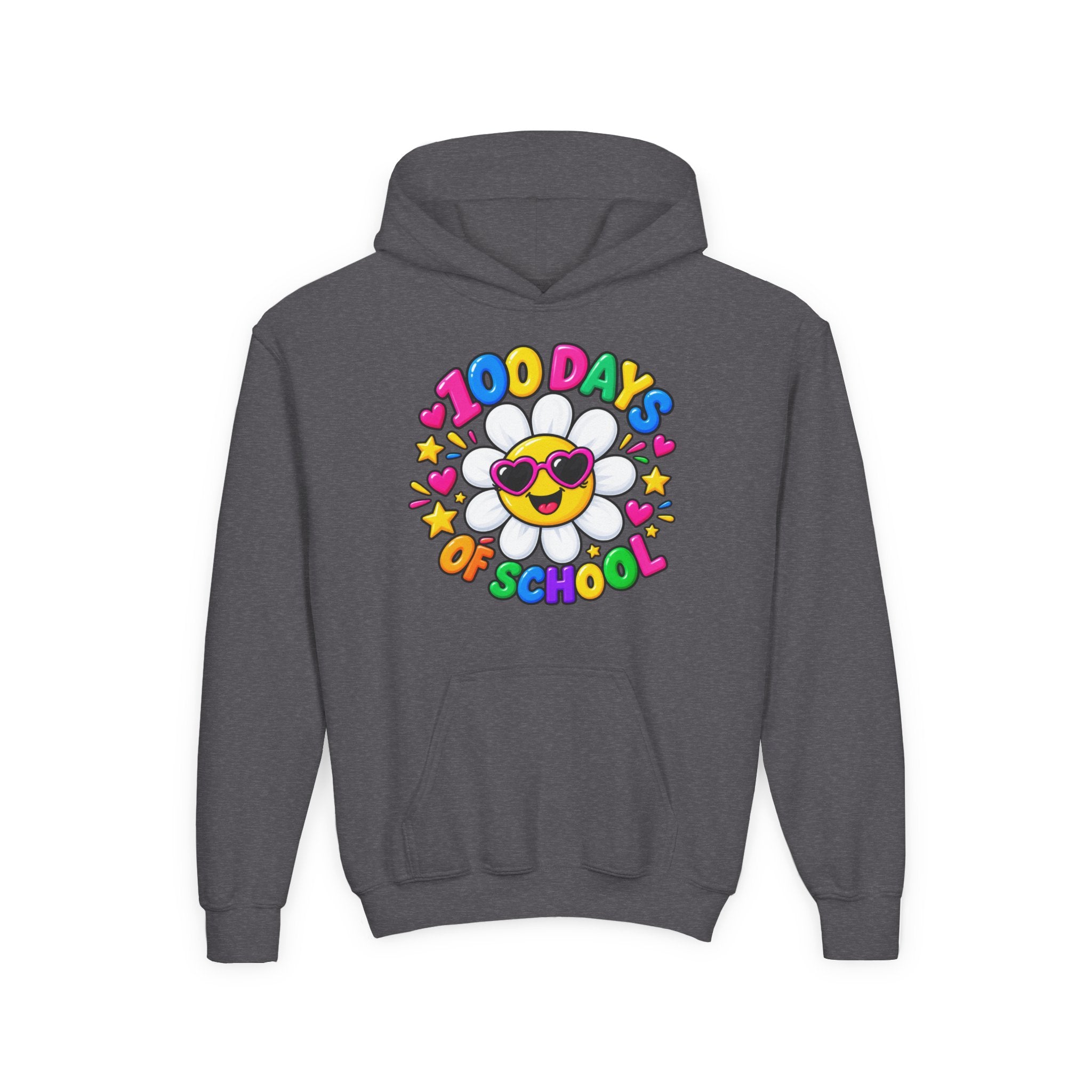 Youth Hoodie — “100 Days of School” Colorful Smiley Daisy Celebration