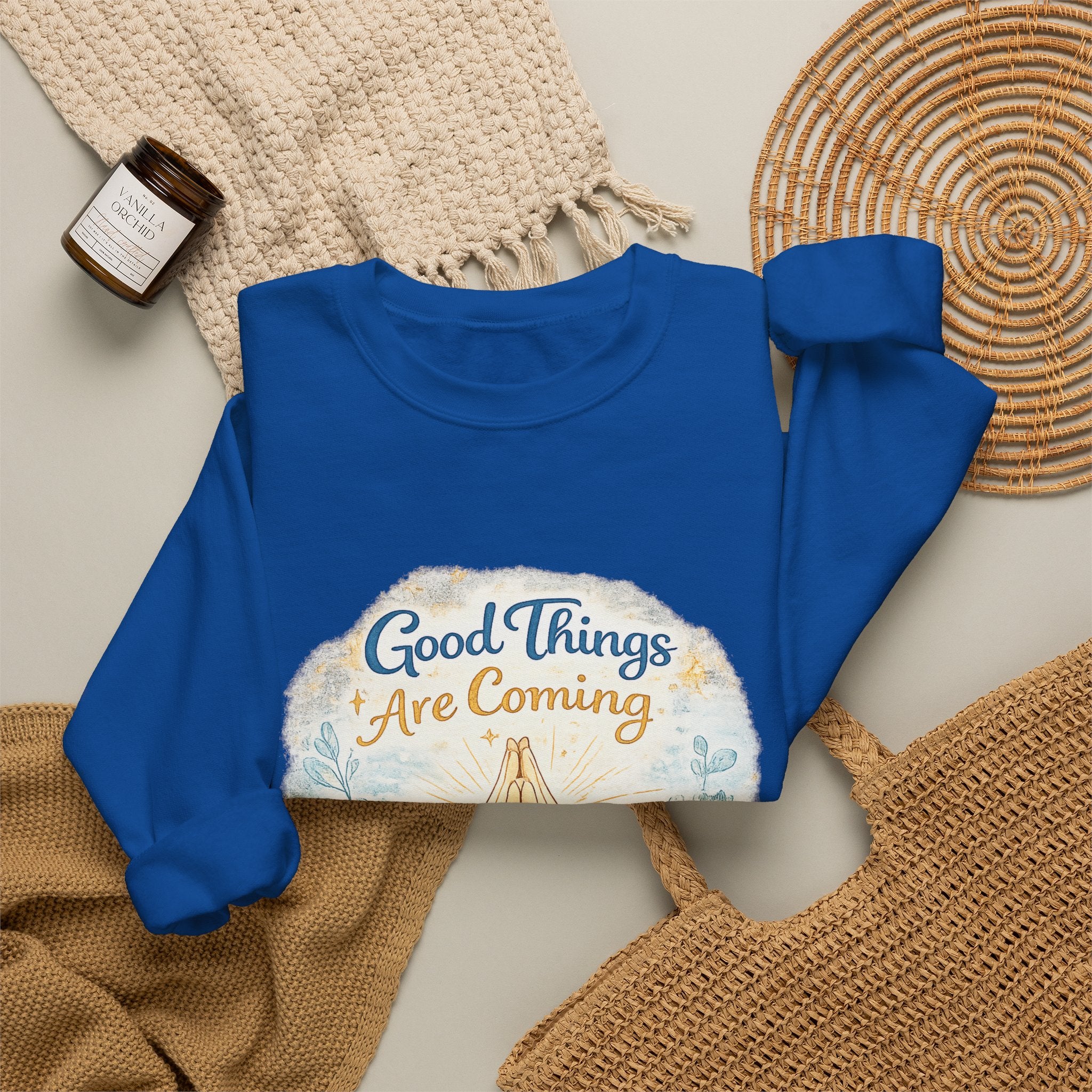 Crewneck Sweatshirt — "Good Things Are Coming" Praying Hands Inspirational Pullover