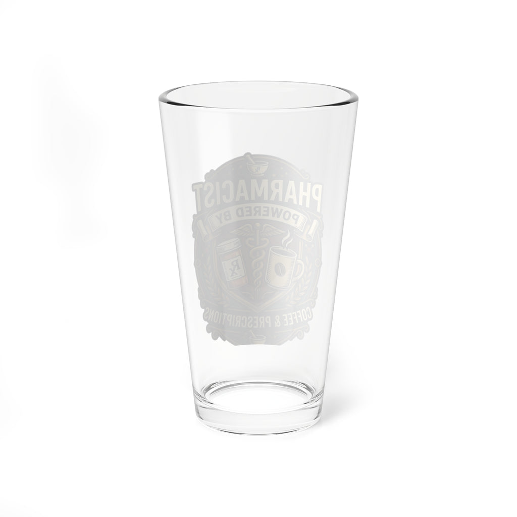 Pharmacist 16oz Mixing Glass — "Powered by Coffee & Prescriptions"