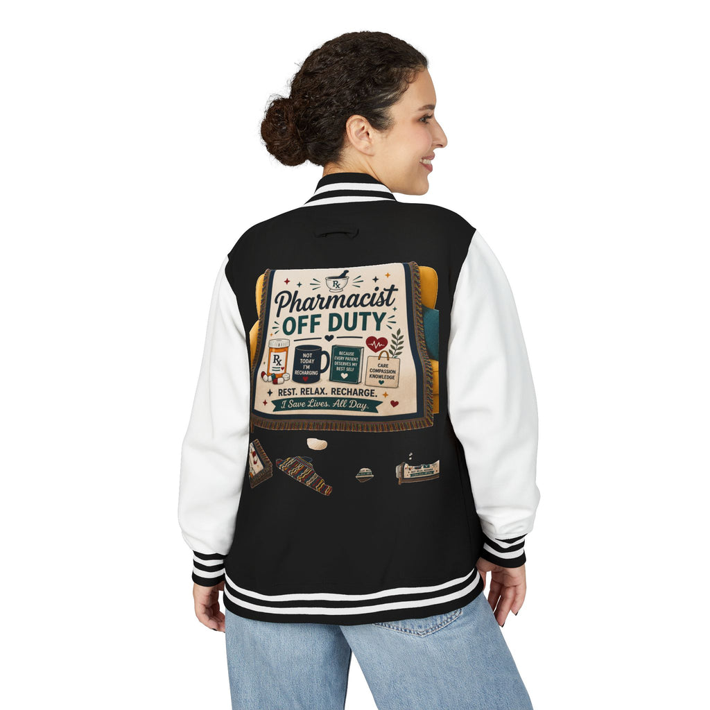 Letterman Jacket — 'Pharmacist Off Duty' Retro Patch Design