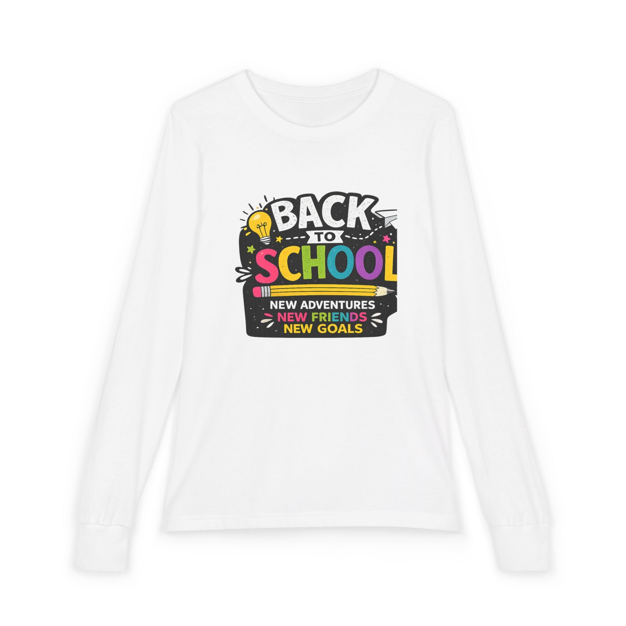 Back to School Youth Long Sleeve Tee — "New Adventures, New Friends, New Goals"