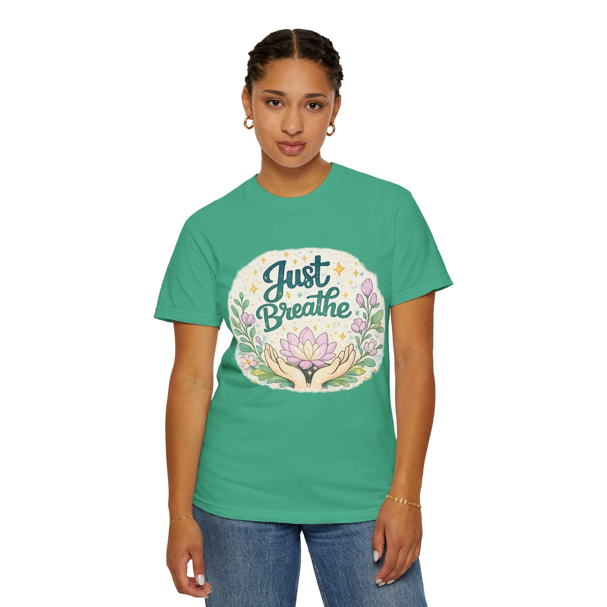 Just Breathe T-Shirt — Floral Lotus Mindfulness Tee