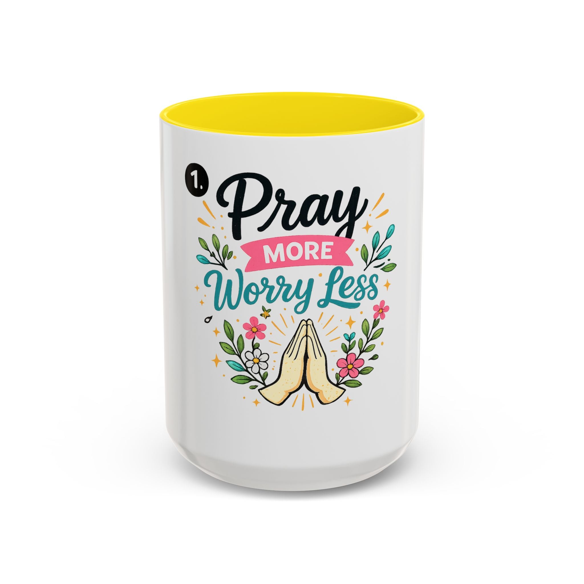 Pray More Worry Less Accent Coffee Mug — Inspirational Floral Prayer Gift (11/15oz)