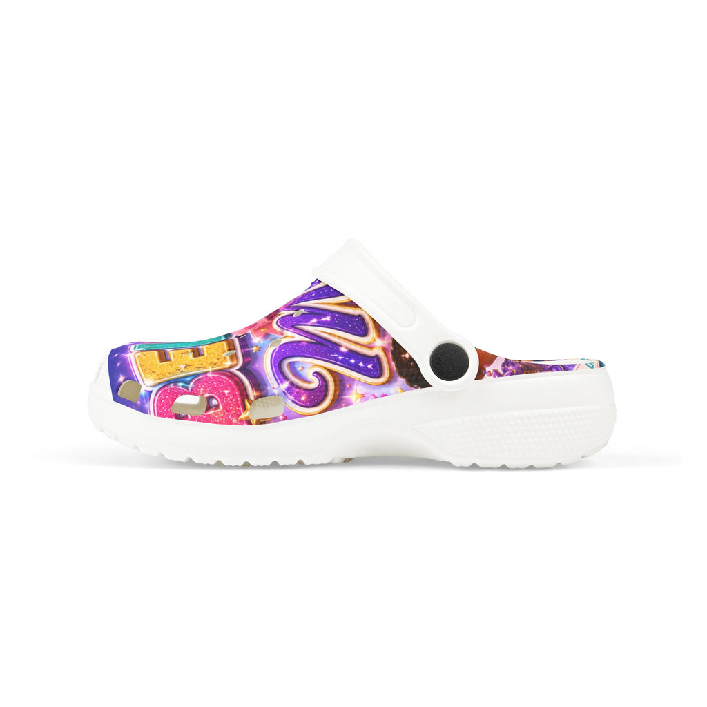 Kids Foam Clogs — "Believe in Magic" Colorful Glittery Cartoon Design