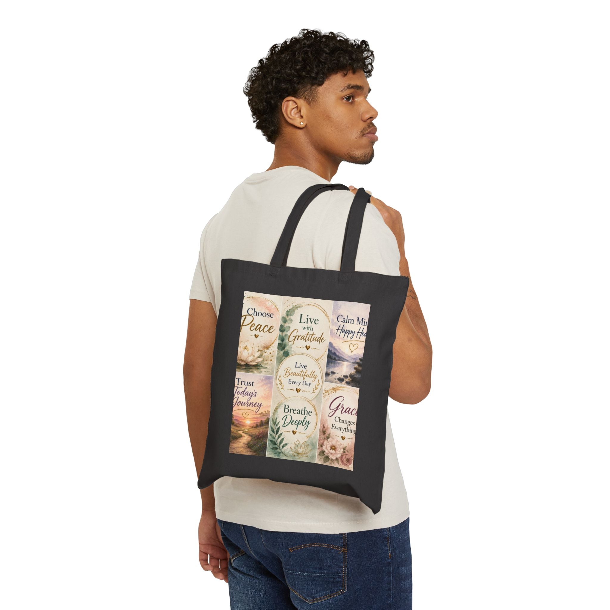 Inspirational Quotes Canvas Tote Bag — Choose Peace, Live Mindfully Design