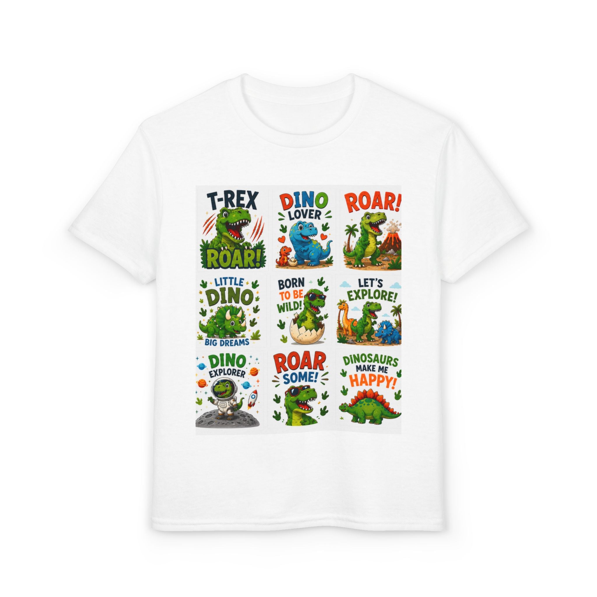 Kids Dinosaur T-Shirt — Cute Dino Quotes & Cartoon Grid Design