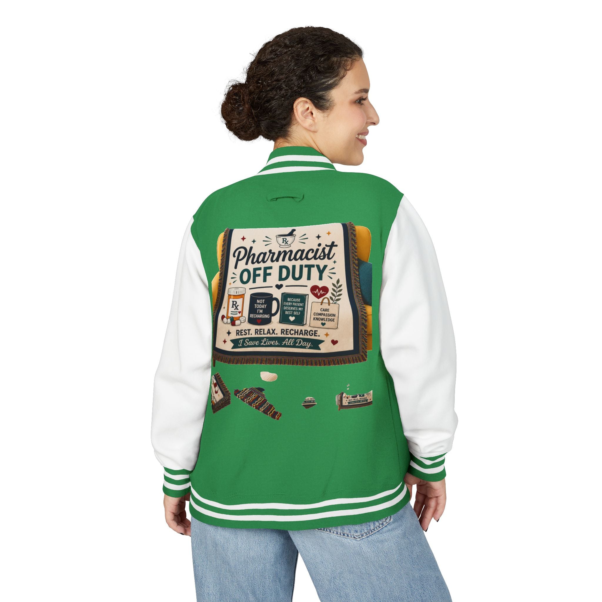 Letterman Jacket — 'Pharmacist Off Duty' Retro Patch Design