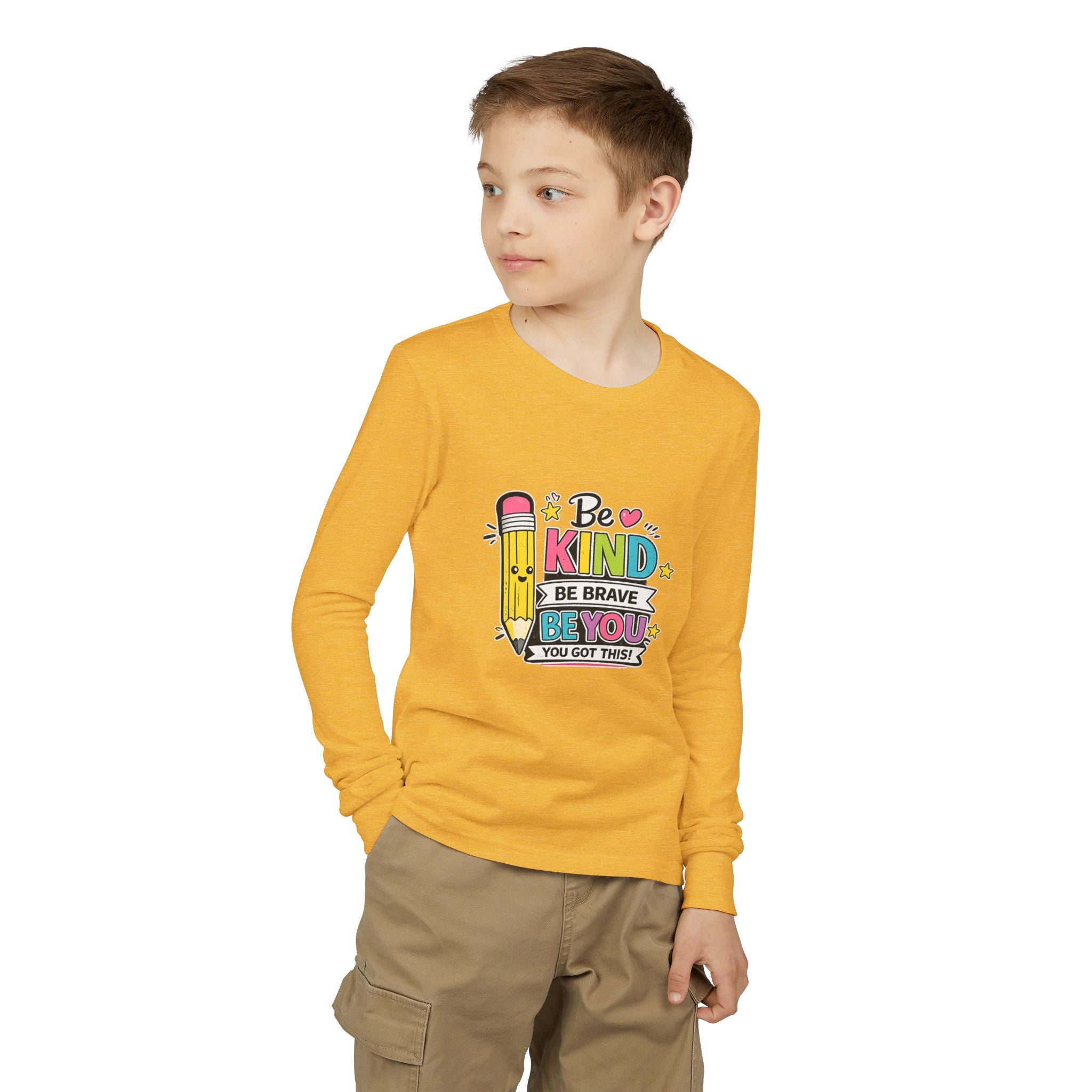 Be Kind Pencil Youth Long Sleeve Tee — "Be Kind, Be Brave, Be You" Back-to-School Shirt