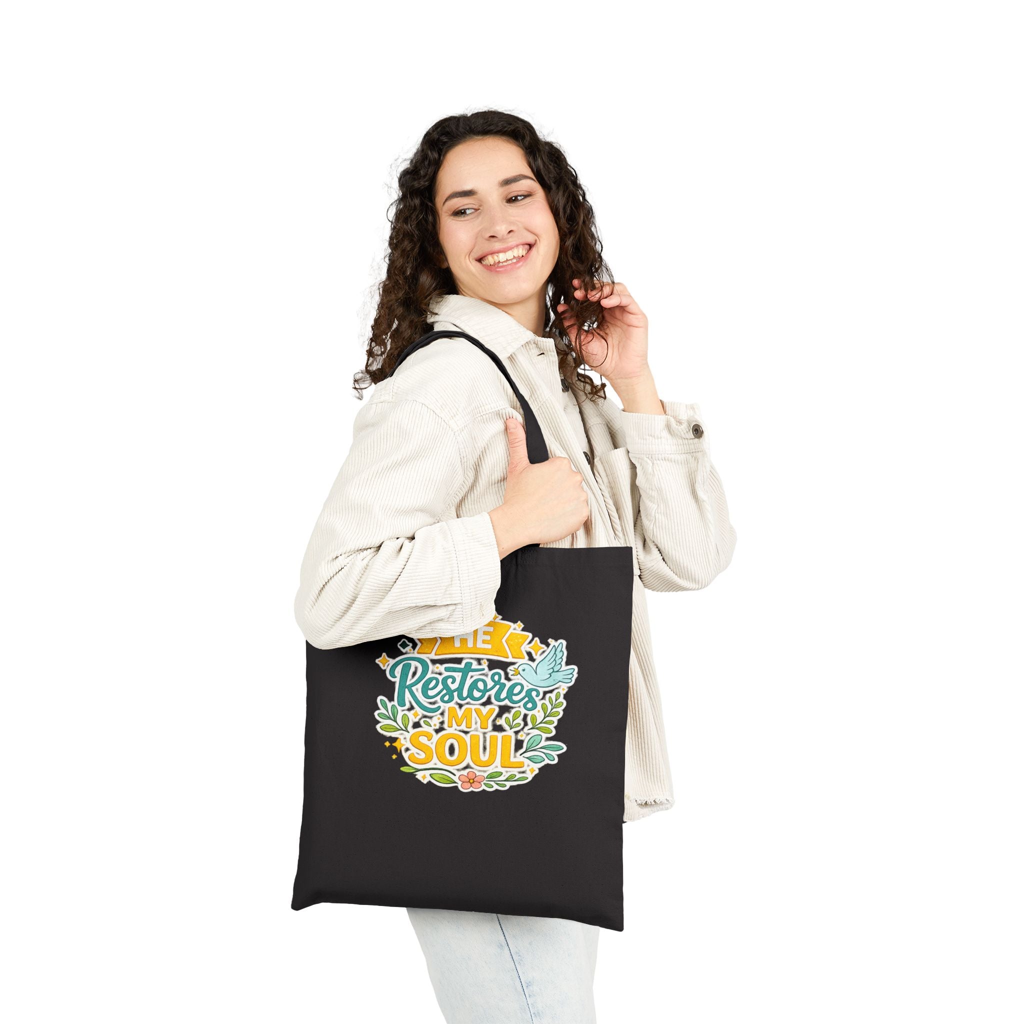 He Restores My Soul Canvas Tote Bag — Faith-Based Inspirational Grocery & Church Tote
