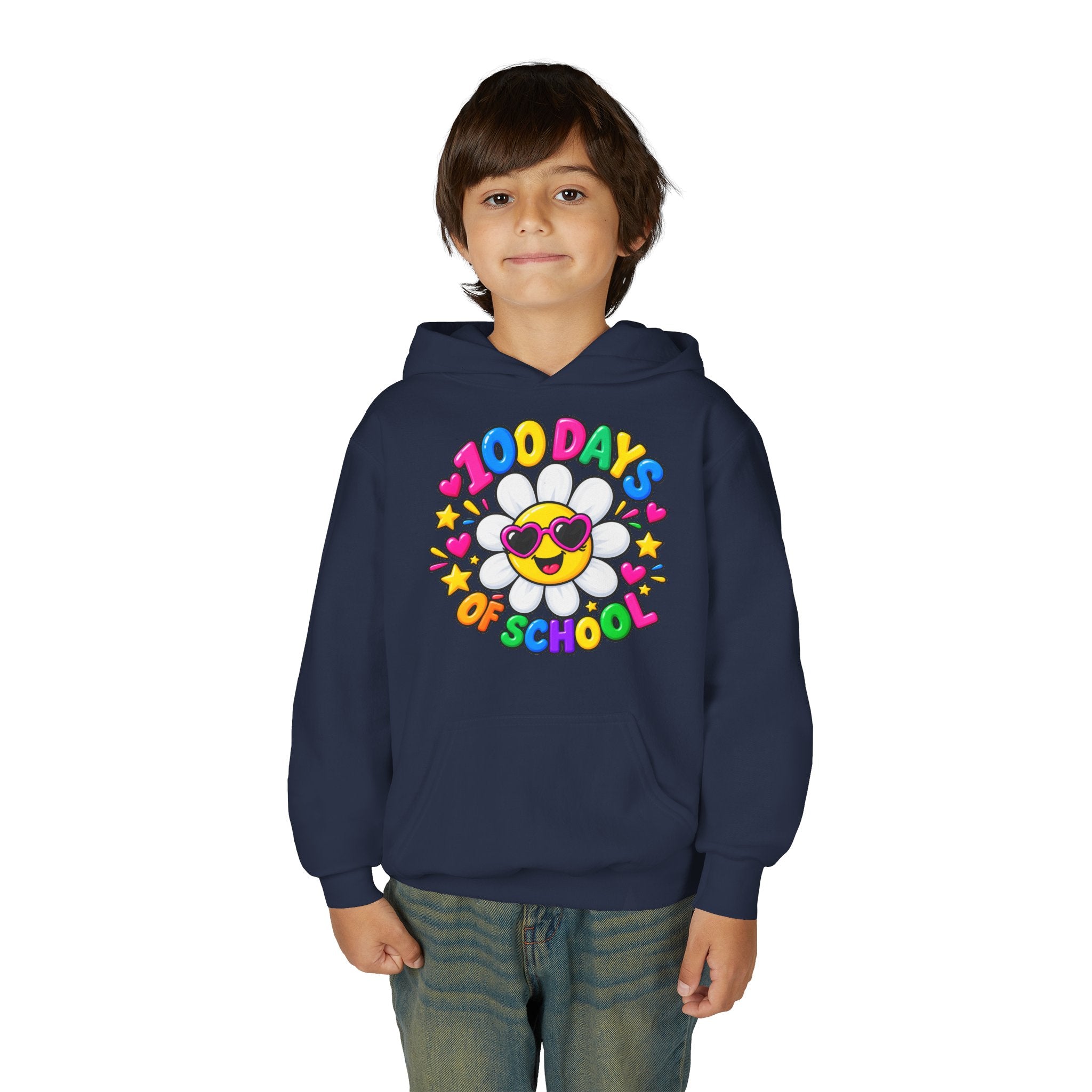 Youth Hoodie — “100 Days of School” Colorful Smiley Daisy Celebration