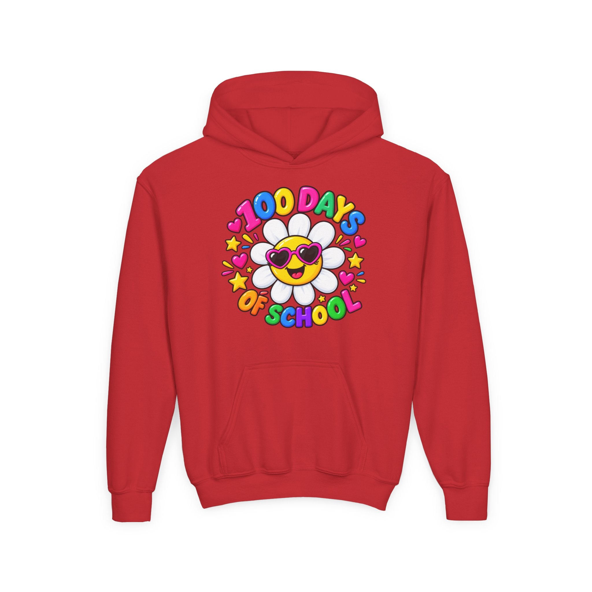 Youth Hoodie — “100 Days of School” Colorful Smiley Daisy Celebration