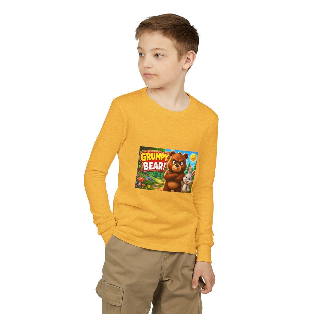 Grumpy Bear Kids Long Sleeve Tee — Cute Cartoon Bear & Bunny Graphic