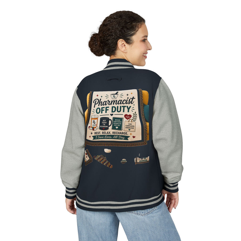 Letterman Jacket — 'Pharmacist Off Duty' Retro Patch Design