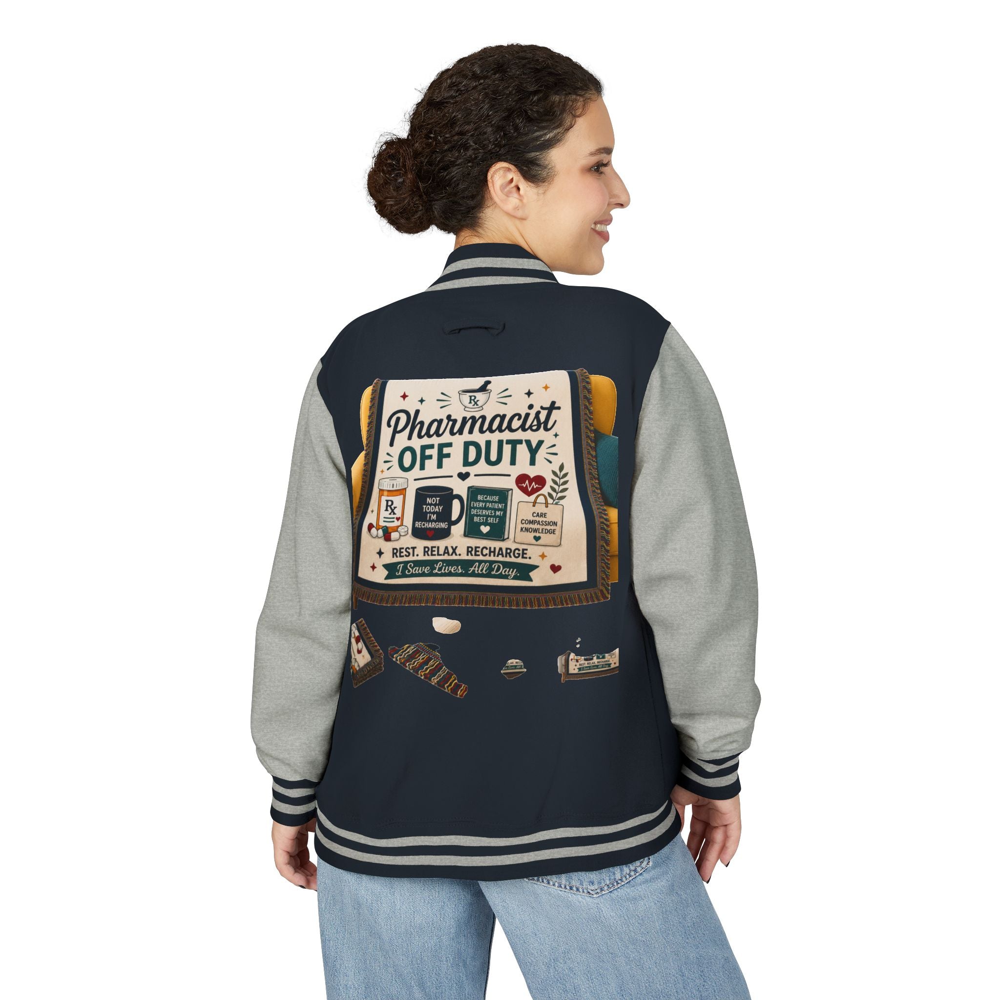 Letterman Jacket — 'Pharmacist Off Duty' Retro Patch Design