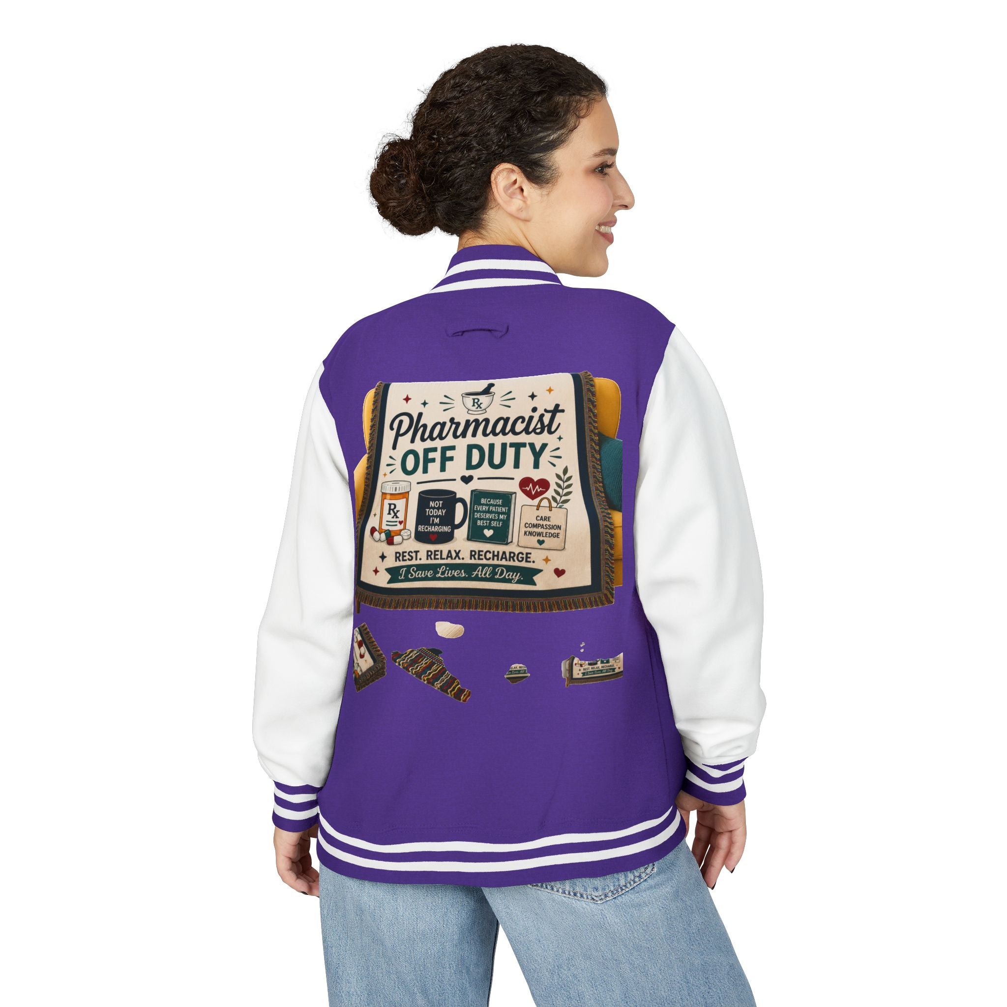 Letterman Jacket — 'Pharmacist Off Duty' Retro Patch Design