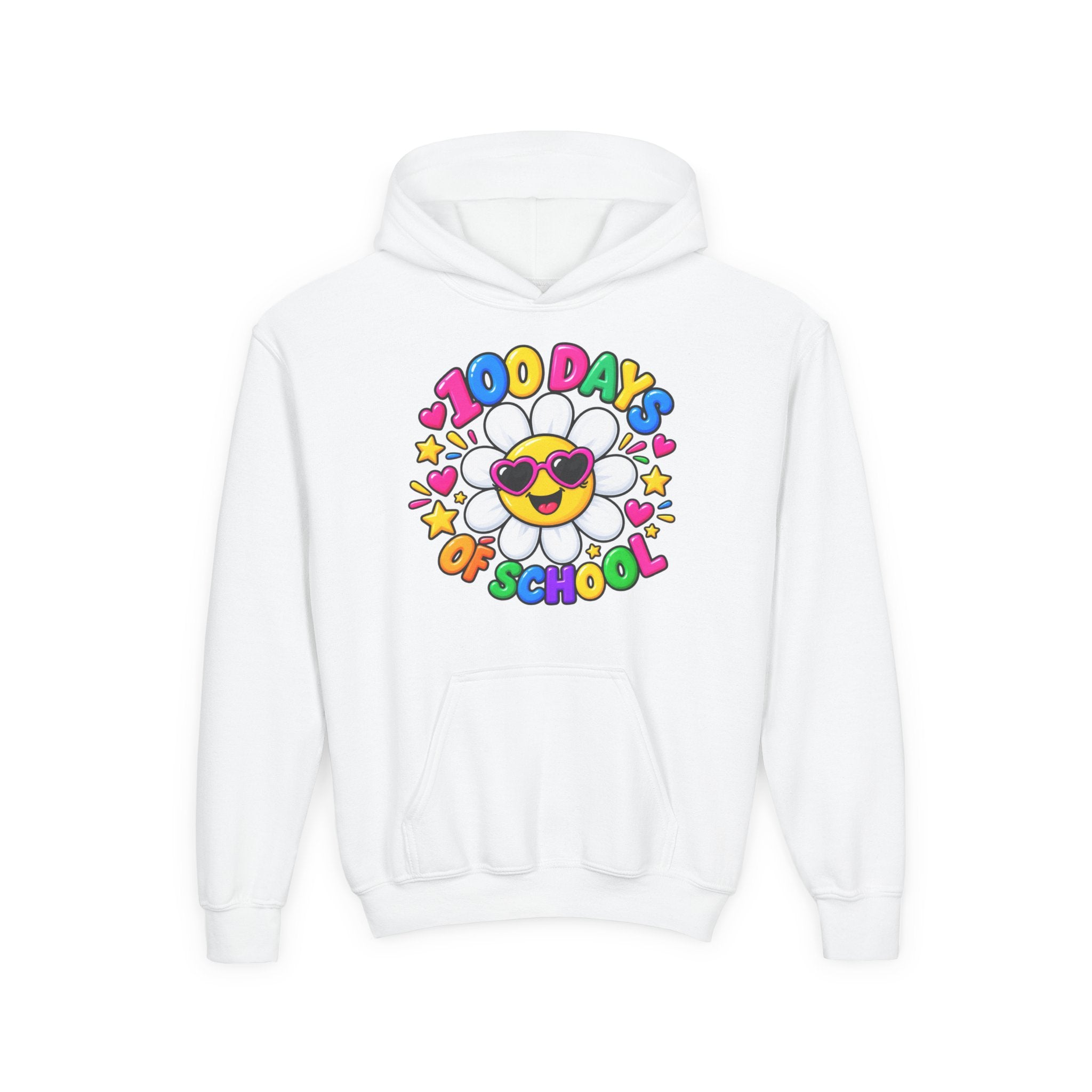 Youth Hoodie — “100 Days of School” Colorful Smiley Daisy Celebration