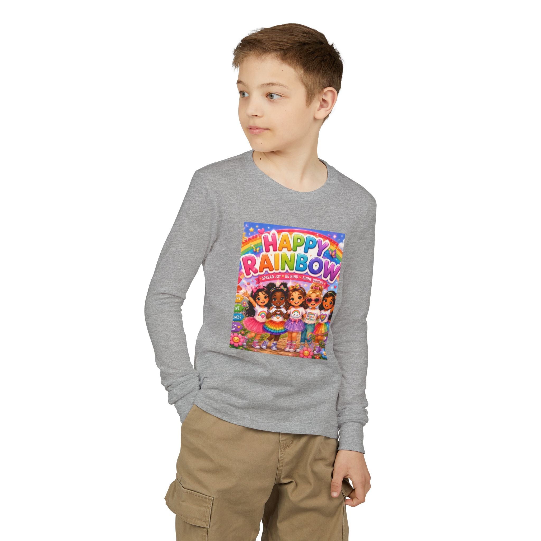 Happy Rainbow Kids Long Sleeve Tee — Cute Multiracial Doll Graphic