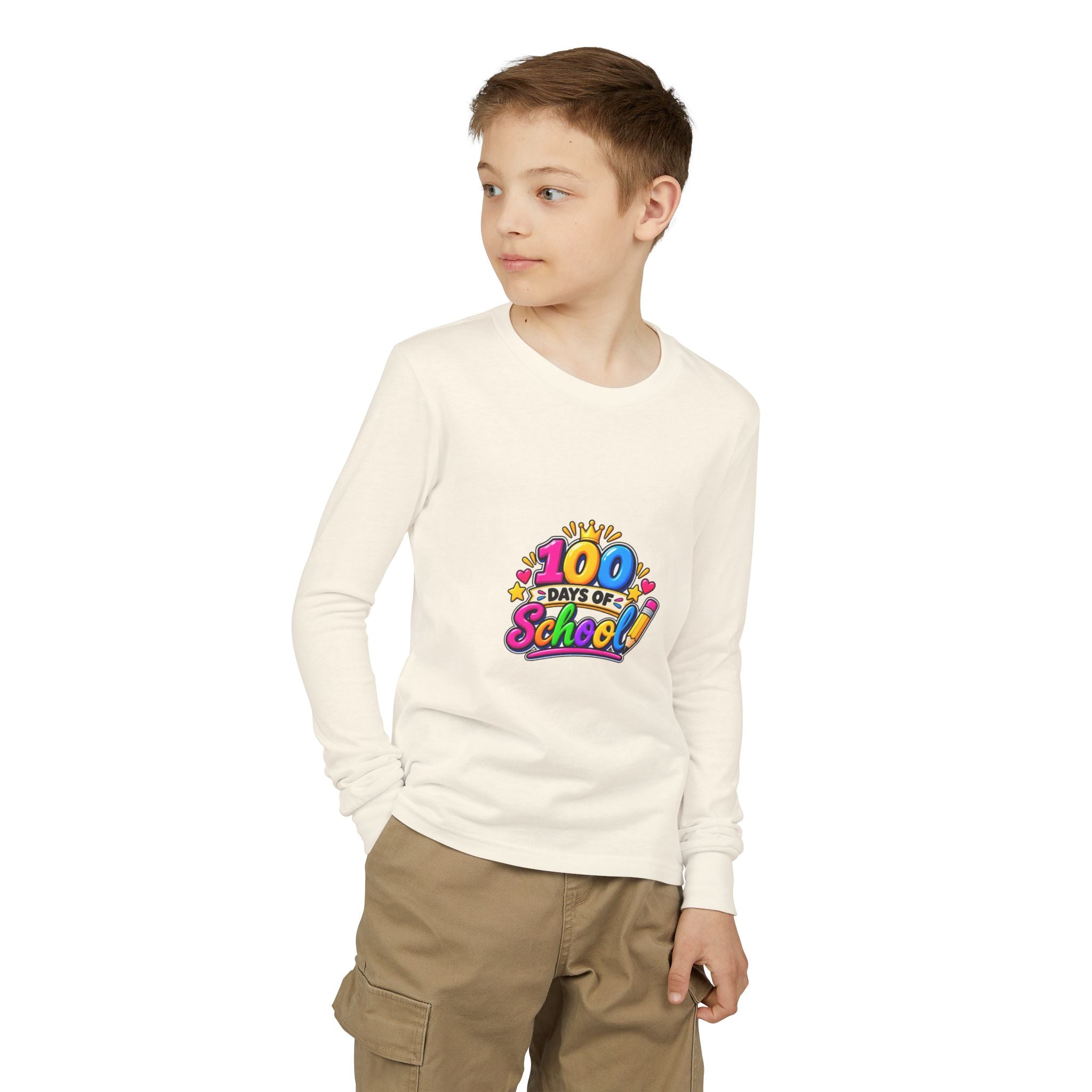 100 Days of School Youth Long Sleeve Tee — Colorful Celebration Shirt for Kids