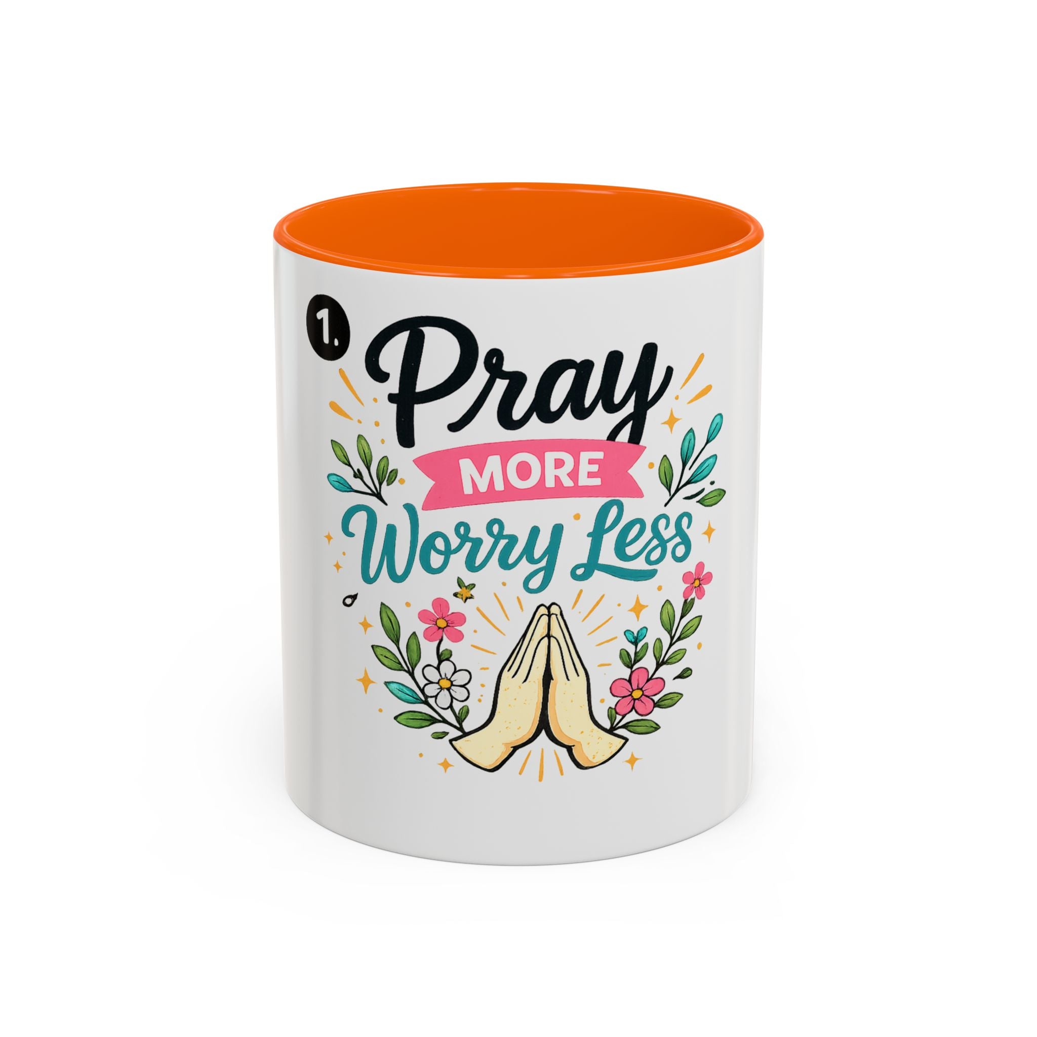 Pray More Worry Less Accent Coffee Mug — Inspirational Floral Prayer Gift (11/15oz)