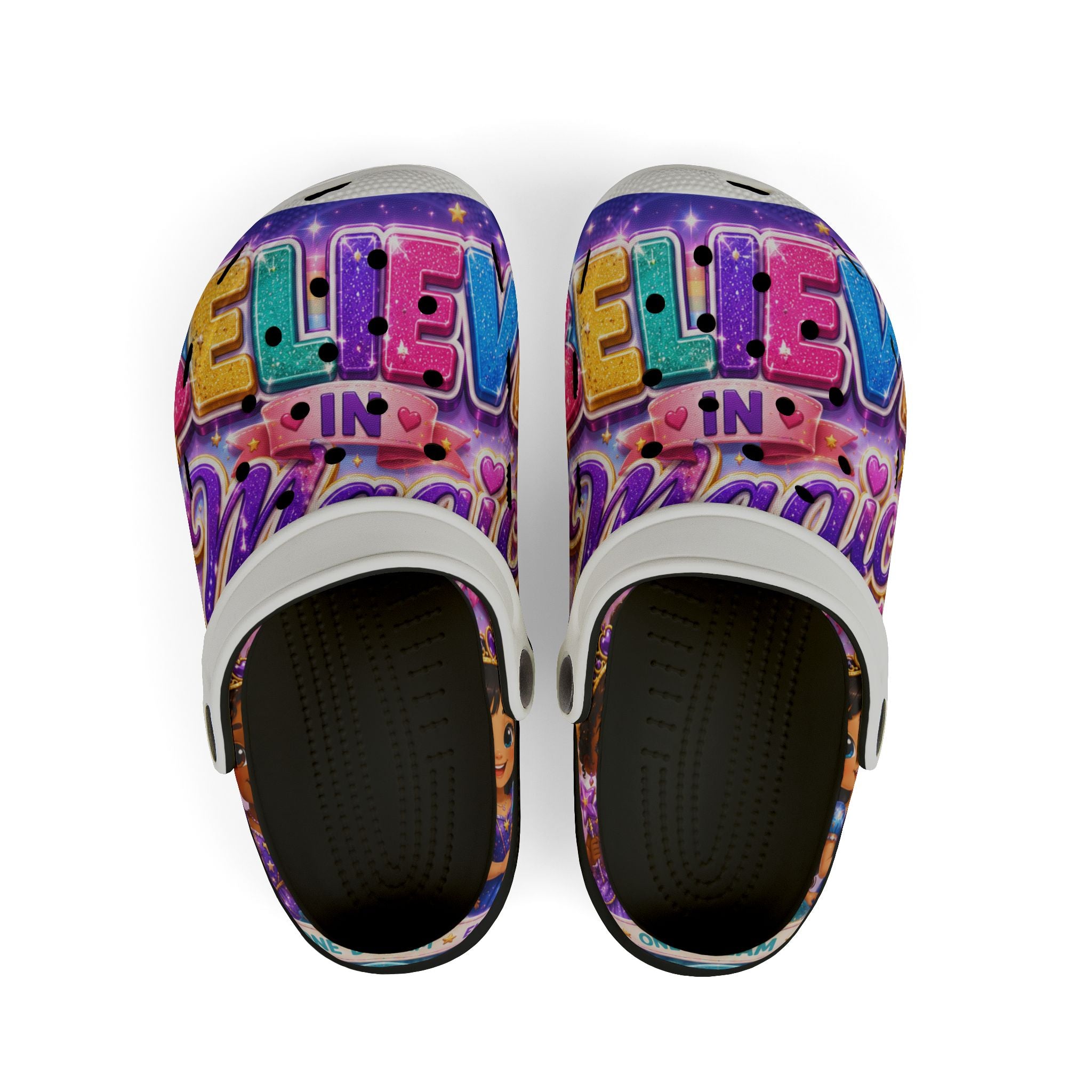 Kids Foam Clogs — "Believe in Magic" Colorful Glittery Cartoon Design
