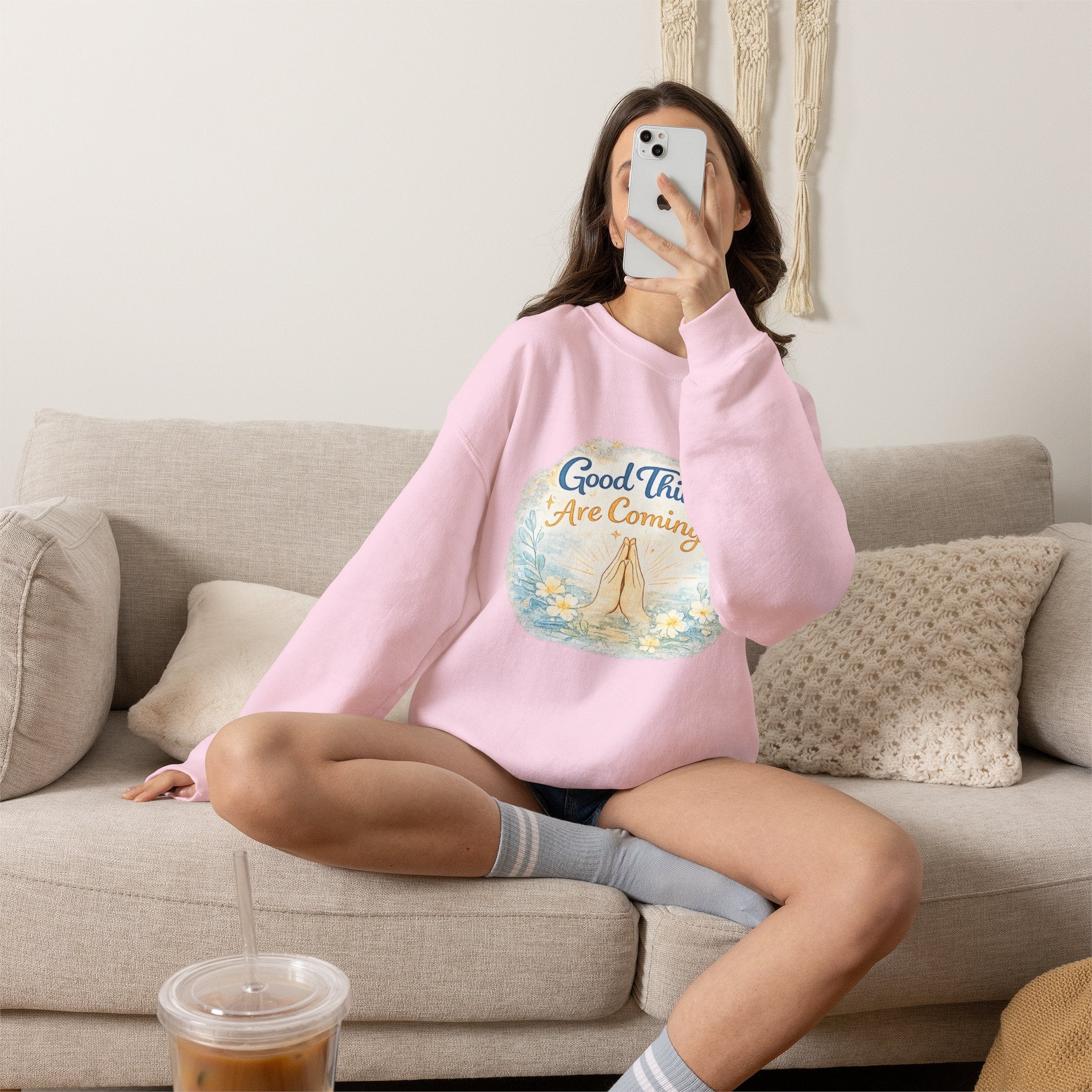 Crewneck Sweatshirt — "Good Things Are Coming" Praying Hands Inspirational Pullover