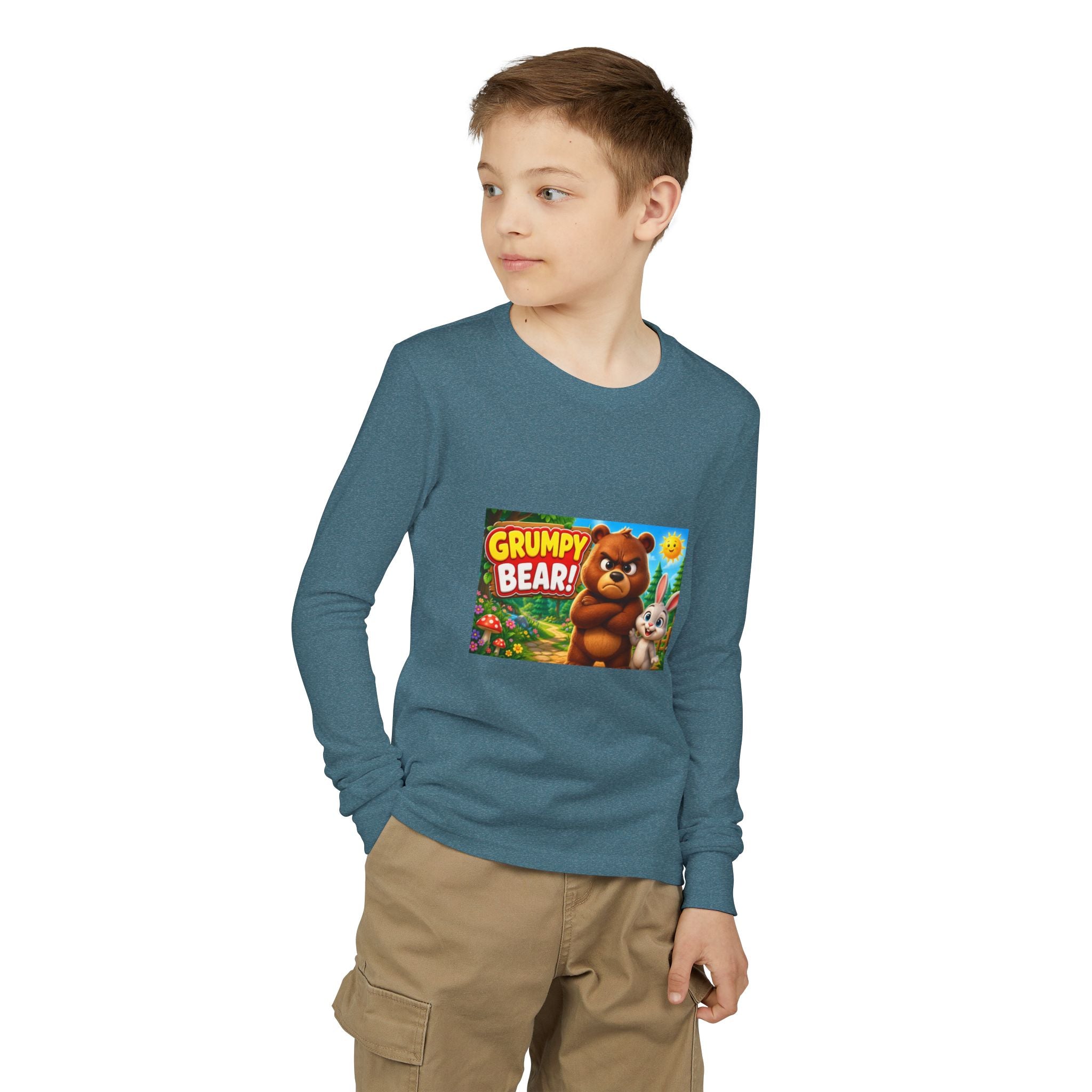 Grumpy Bear Kids Long Sleeve Tee — Cute Cartoon Bear & Bunny Graphic