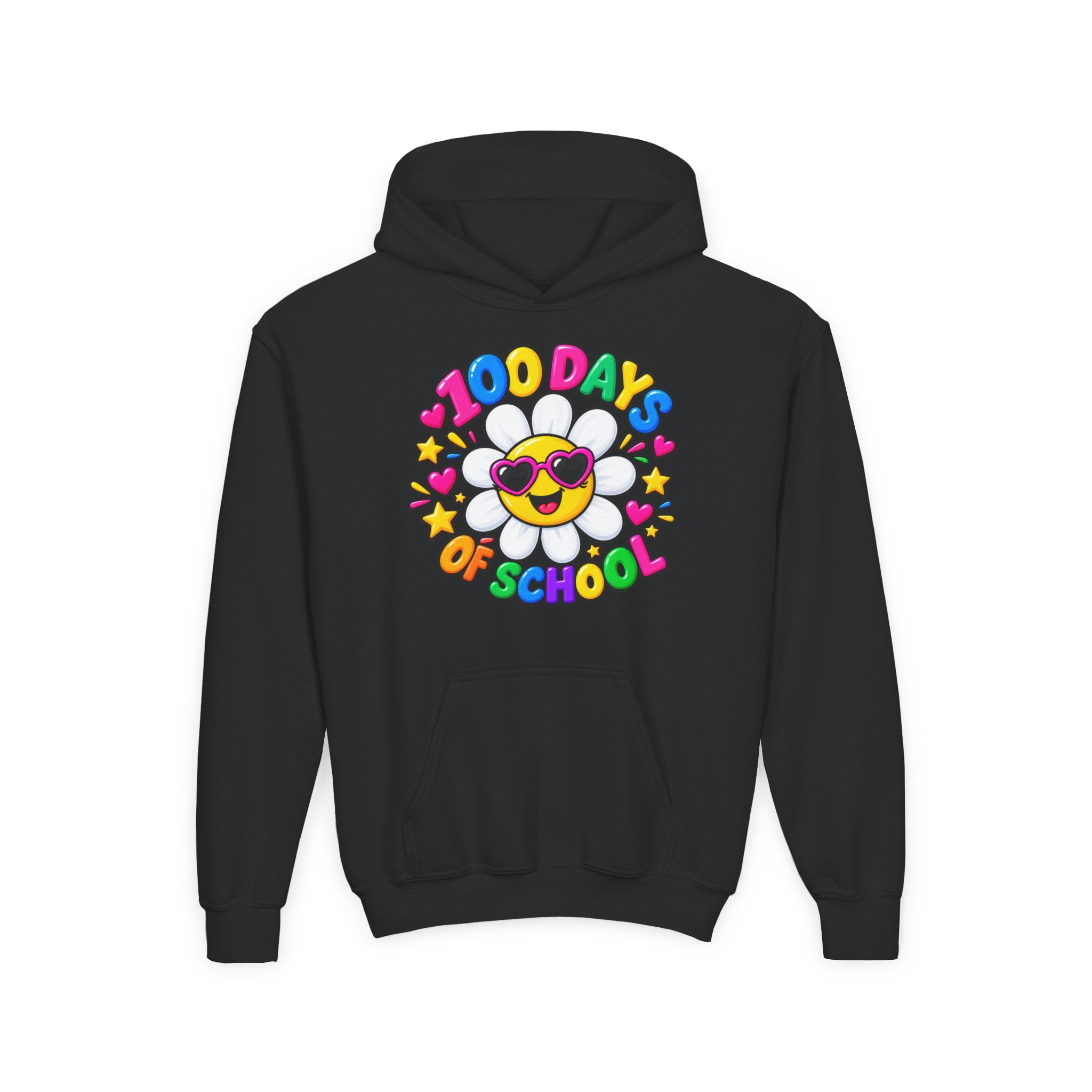 Youth Hoodie — “100 Days of School” Colorful Smiley Daisy Celebration