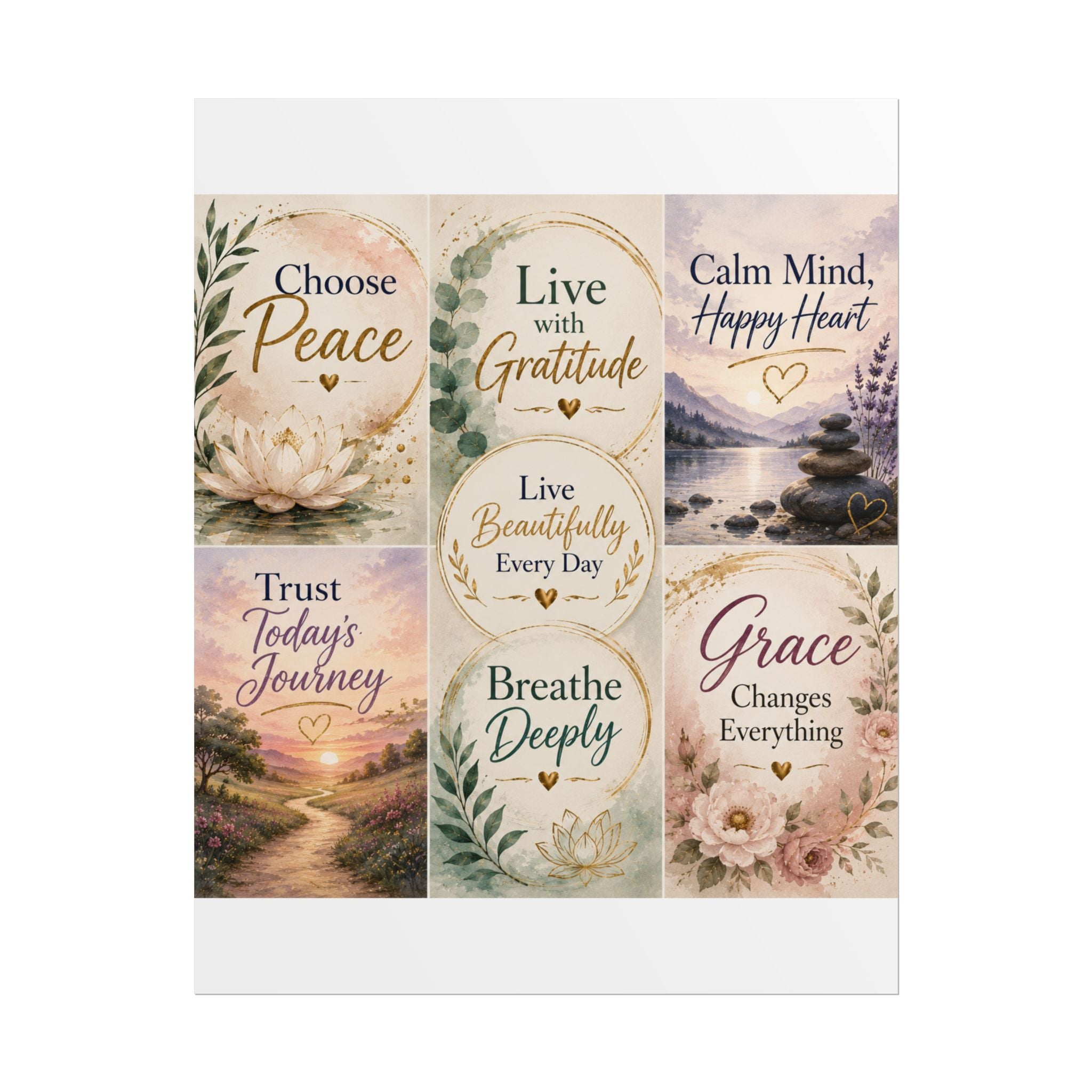 Rolled Poster - Inspirational Wall Art Set: "Choose Peace / Live with Gratitude / Calm Mind, Happy Heart / Trust Today's Journey / [...]