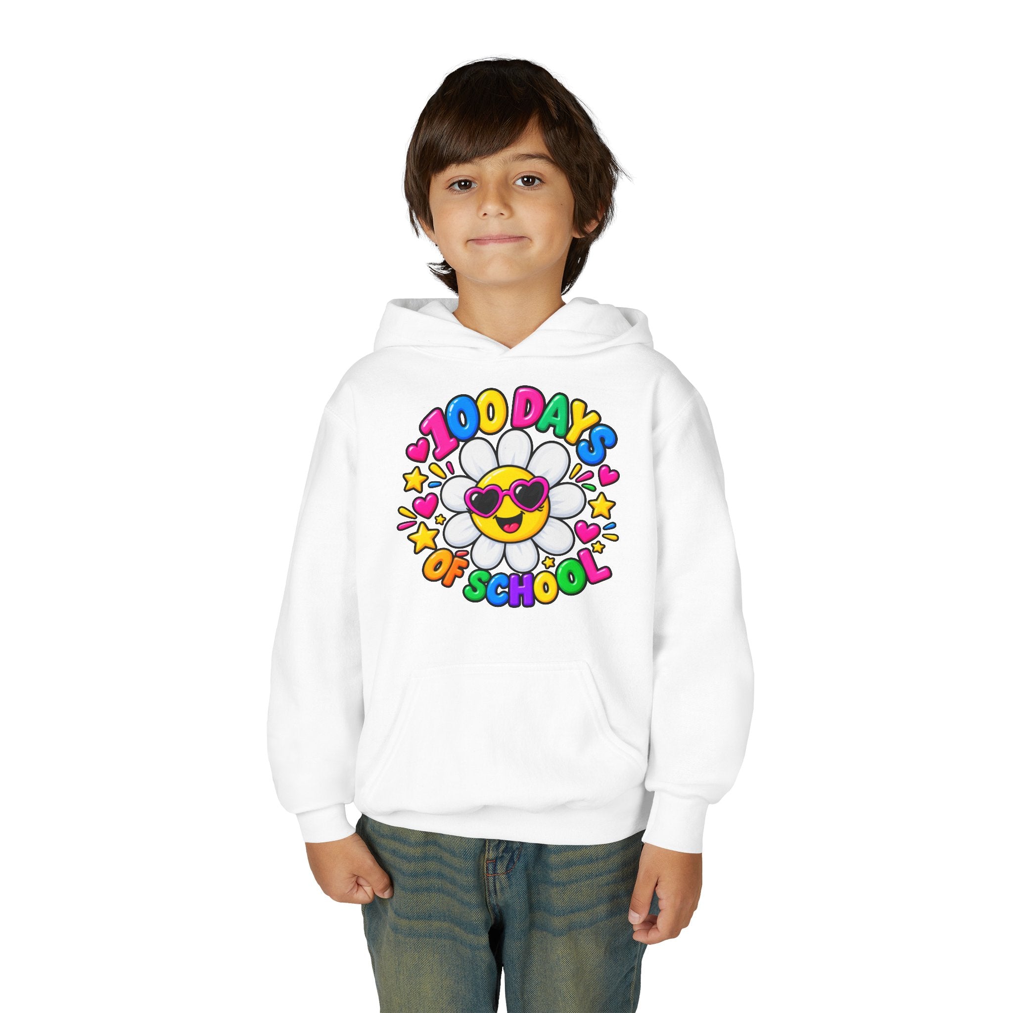 Youth Hoodie — “100 Days of School” Colorful Smiley Daisy Celebration