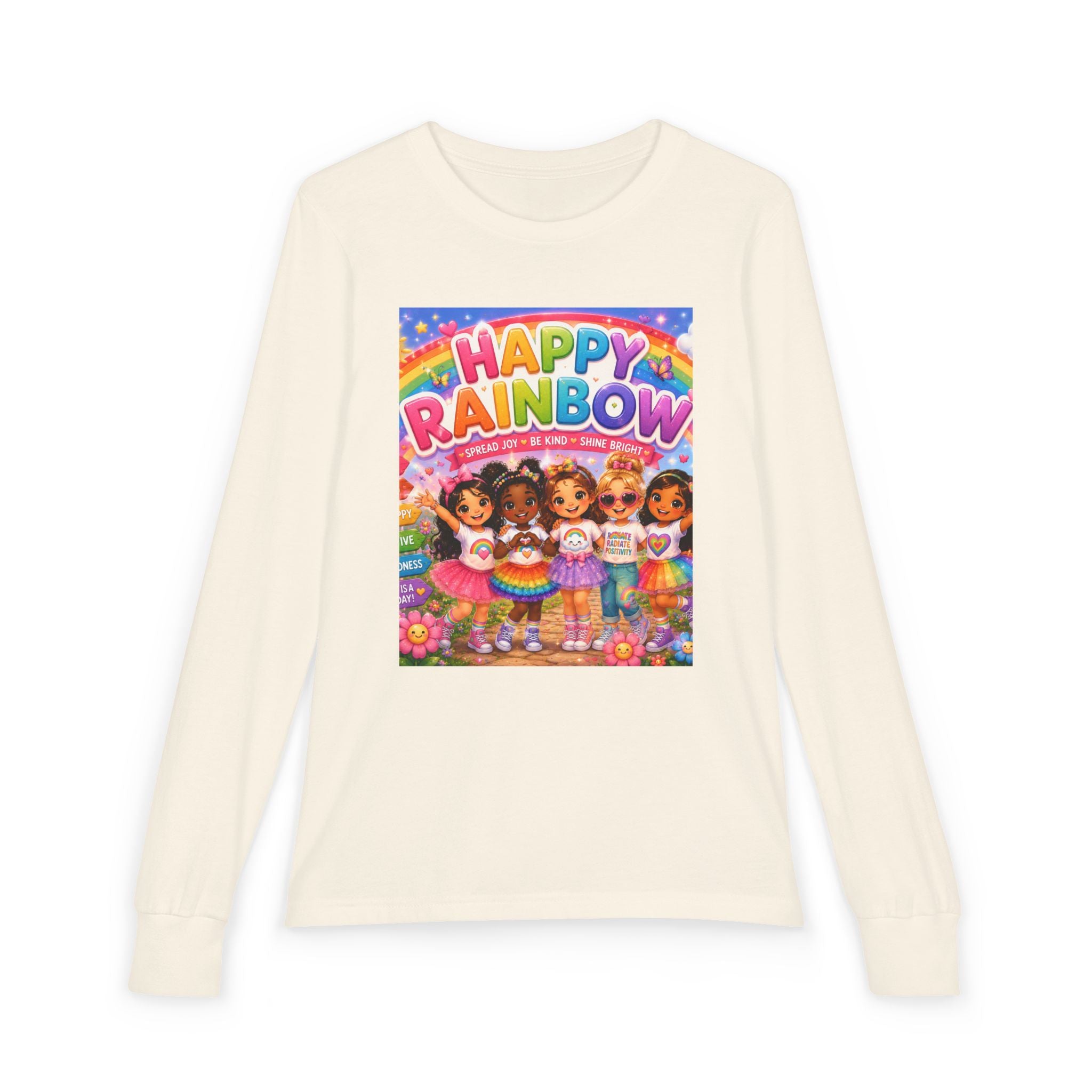 Happy Rainbow Kids Long Sleeve Tee — Cute Multiracial Doll Graphic