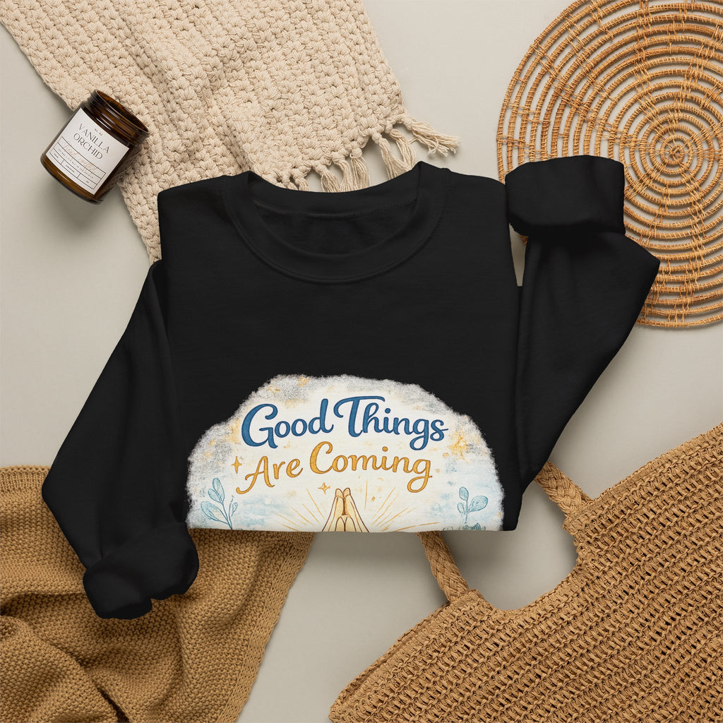 Crewneck Sweatshirt — "Good Things Are Coming" Praying Hands Inspirational Pullover