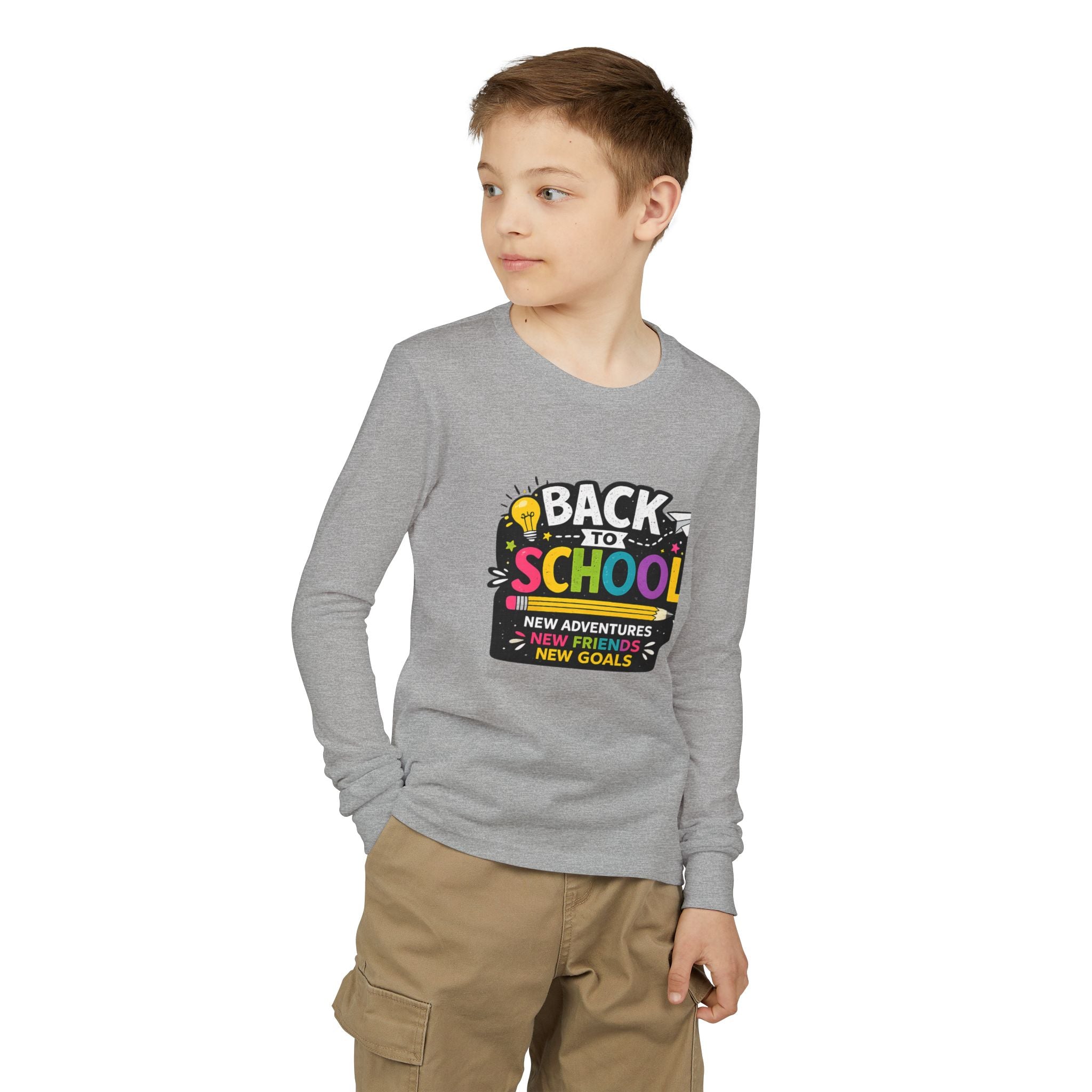 Back to School Youth Long Sleeve Tee — "New Adventures, New Friends, New Goals"