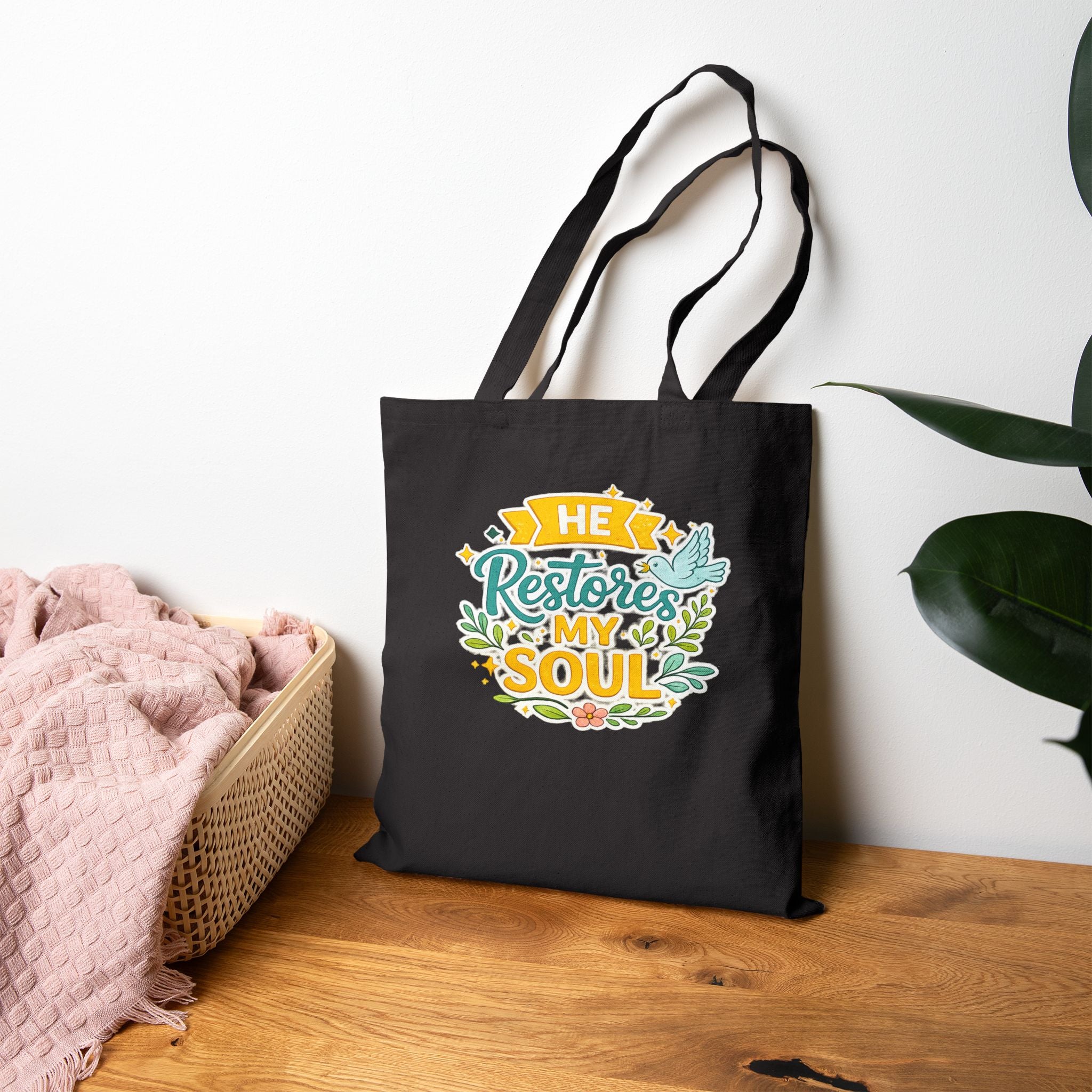 He Restores My Soul Canvas Tote Bag — Faith-Based Inspirational Grocery & Church Tote