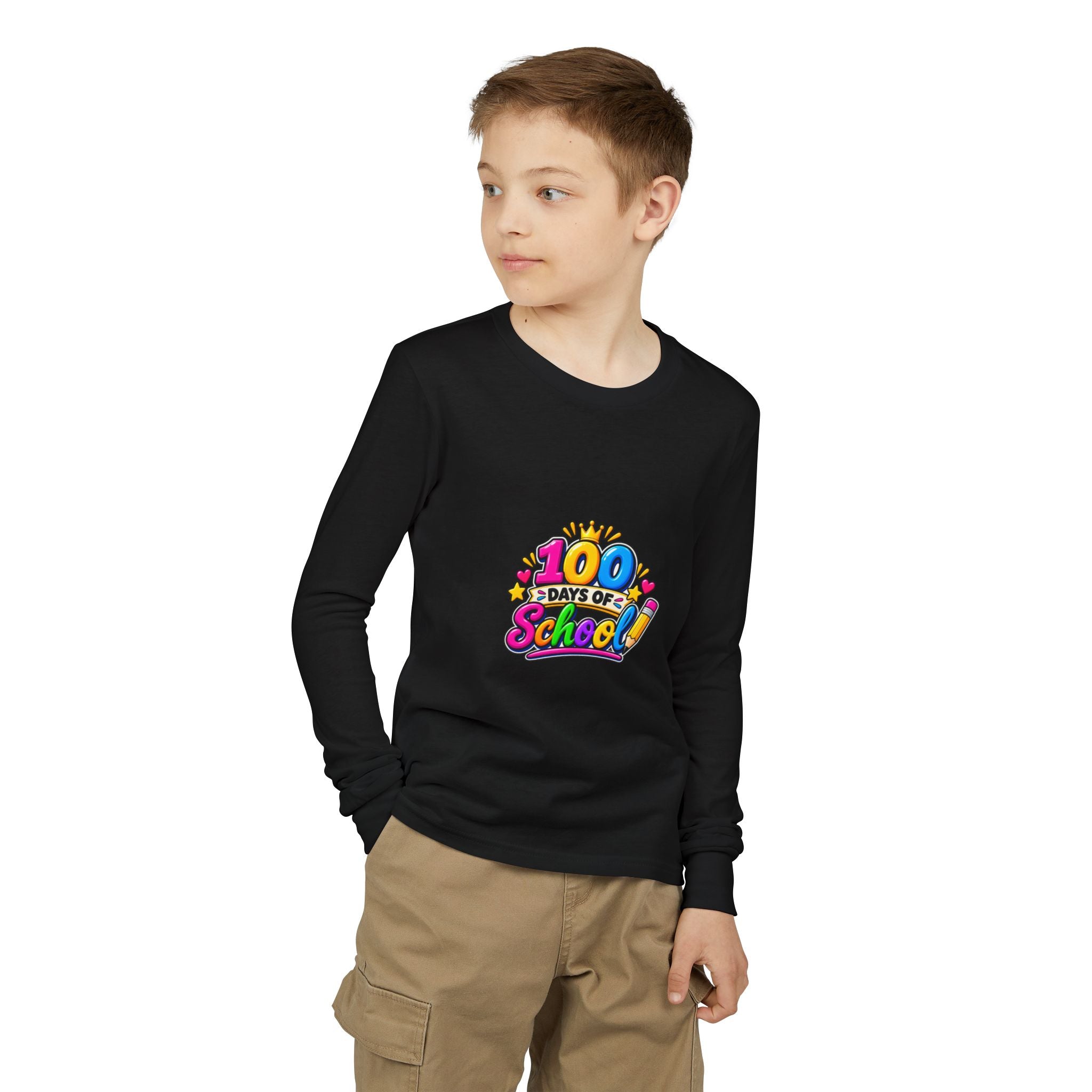 100 Days of School Youth Long Sleeve Tee — Colorful Celebration Shirt for Kids