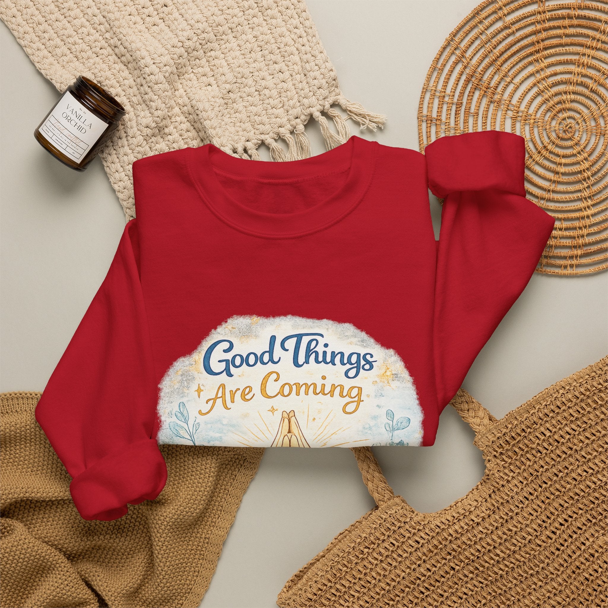Crewneck Sweatshirt — "Good Things Are Coming" Praying Hands Inspirational Pullover