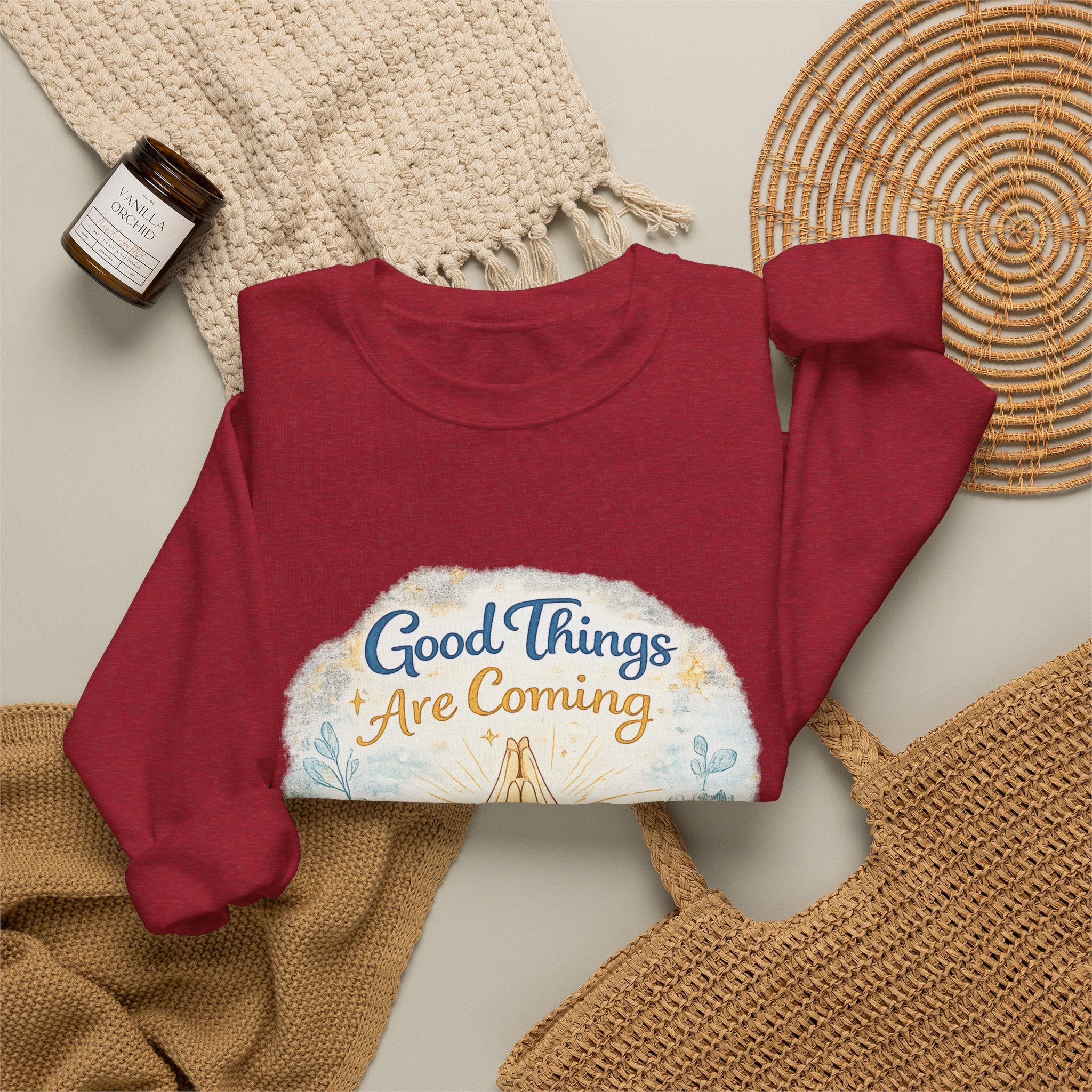 Crewneck Sweatshirt — "Good Things Are Coming" Praying Hands Inspirational Pullover