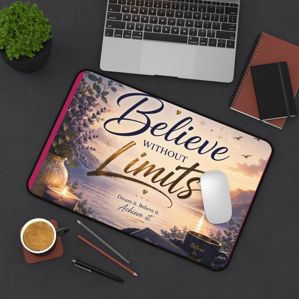 Believe Without Limits Desk Mat — Inspirational Office Mouse Pad with Scenic Sunrise Design