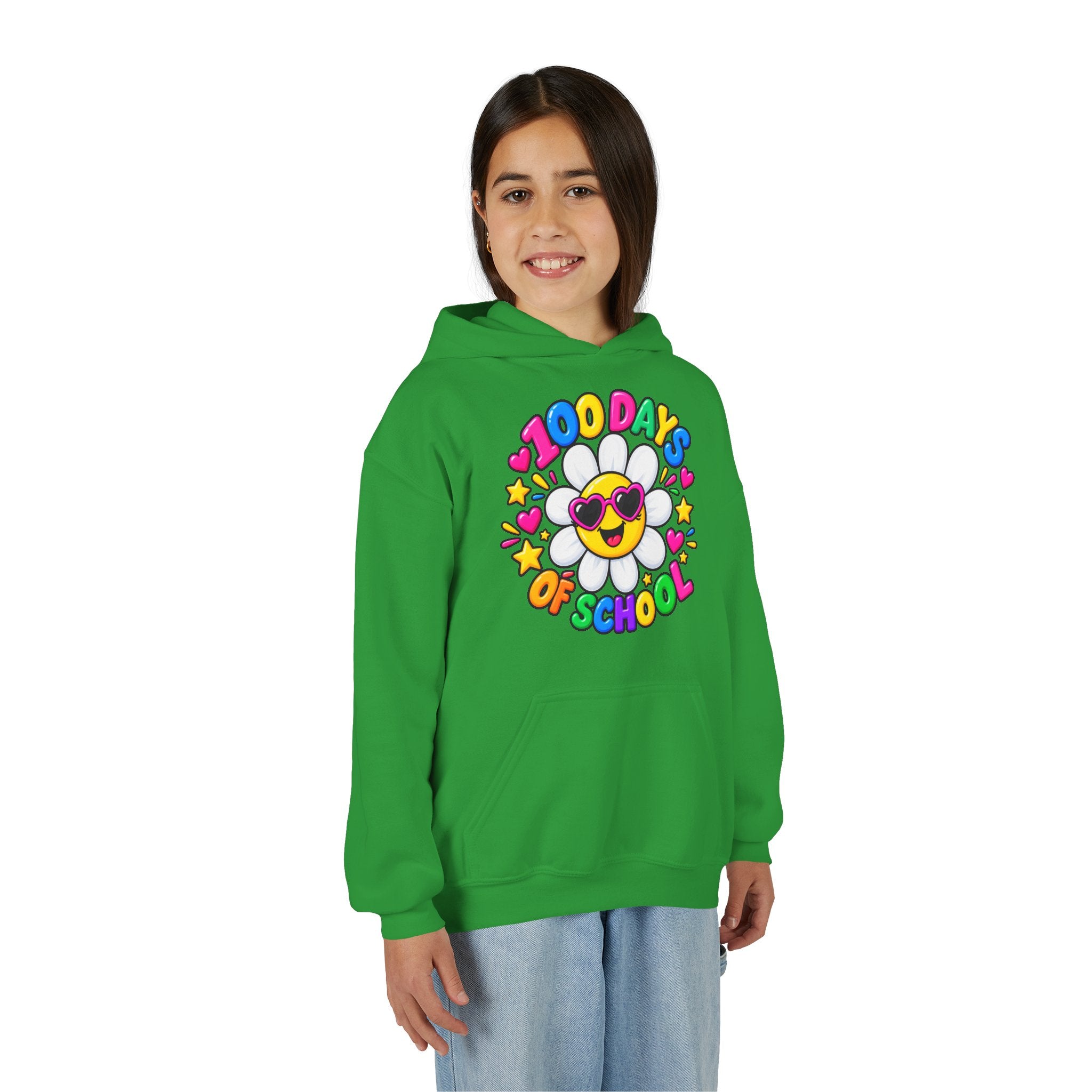 Youth Hoodie — “100 Days of School” Colorful Smiley Daisy Celebration