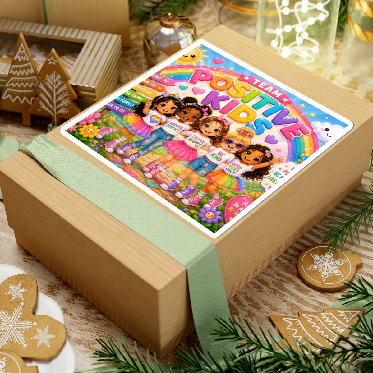 Positive Kids Kiss-Cut Sticker — Colorful Team Positive Rainbow Design