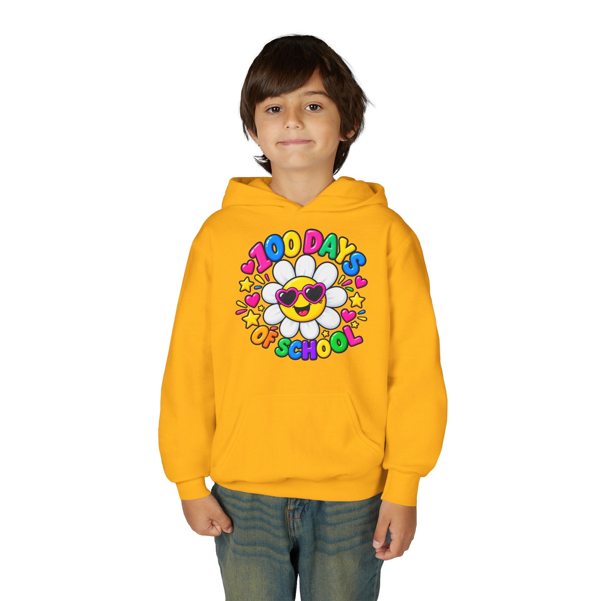 Youth Hoodie — “100 Days of School” Colorful Smiley Daisy Celebration