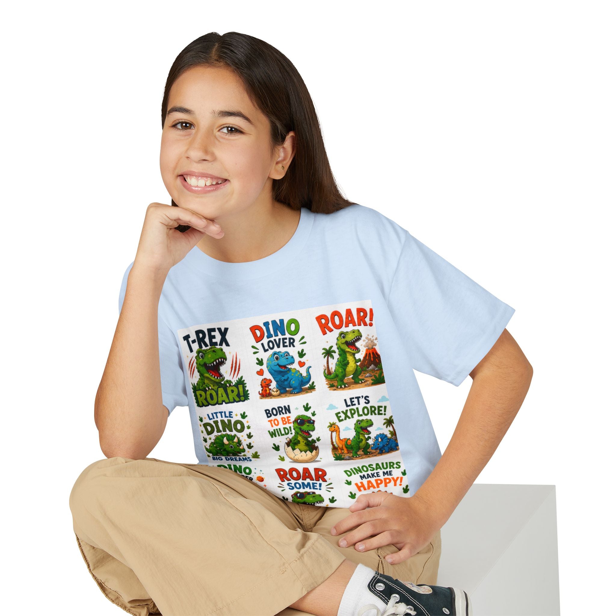 Kids Dinosaur T-Shirt — Cute Dino Quotes & Cartoon Grid Design