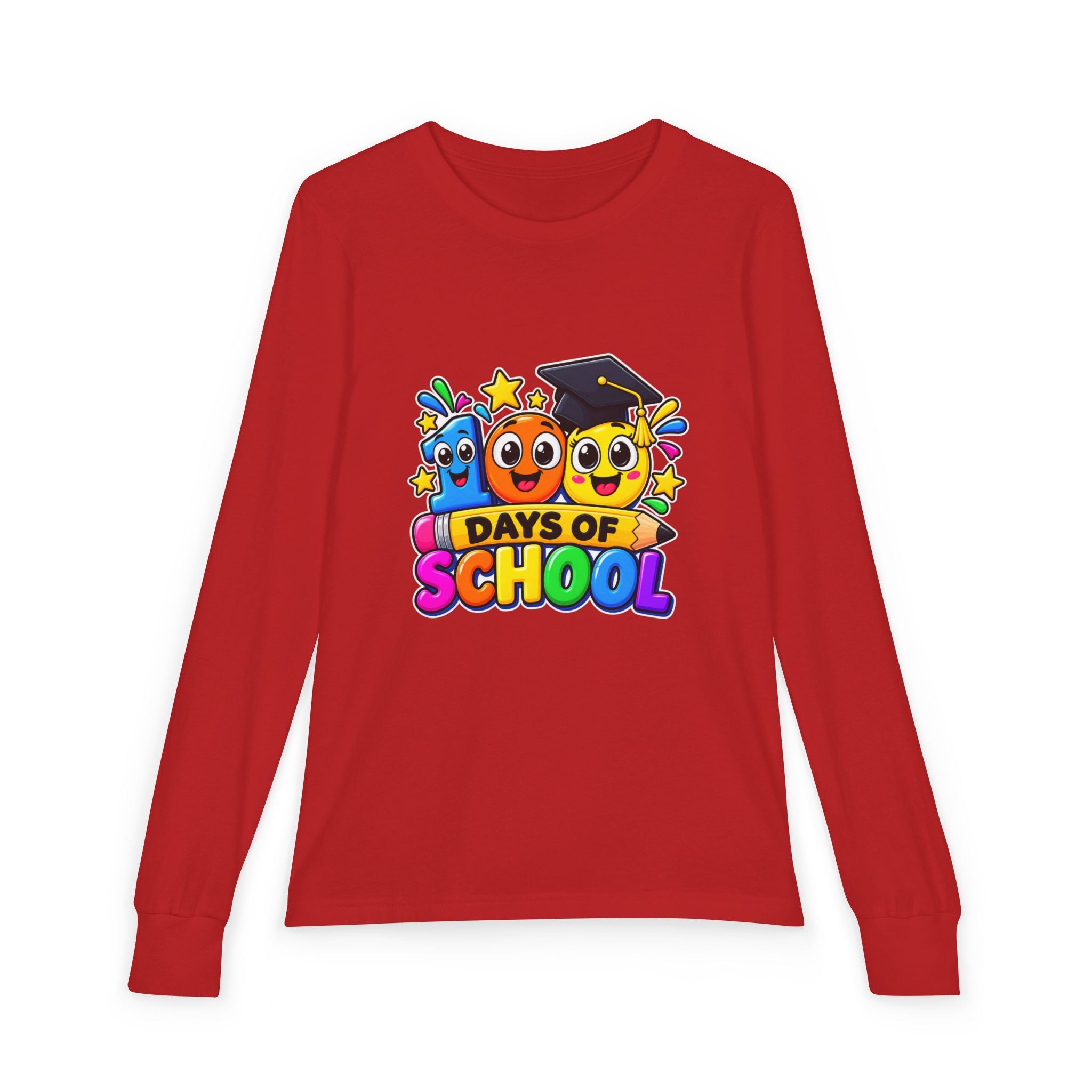 100 Days of School Youth Long Sleeve Tee – Colorful Graduation Mascots