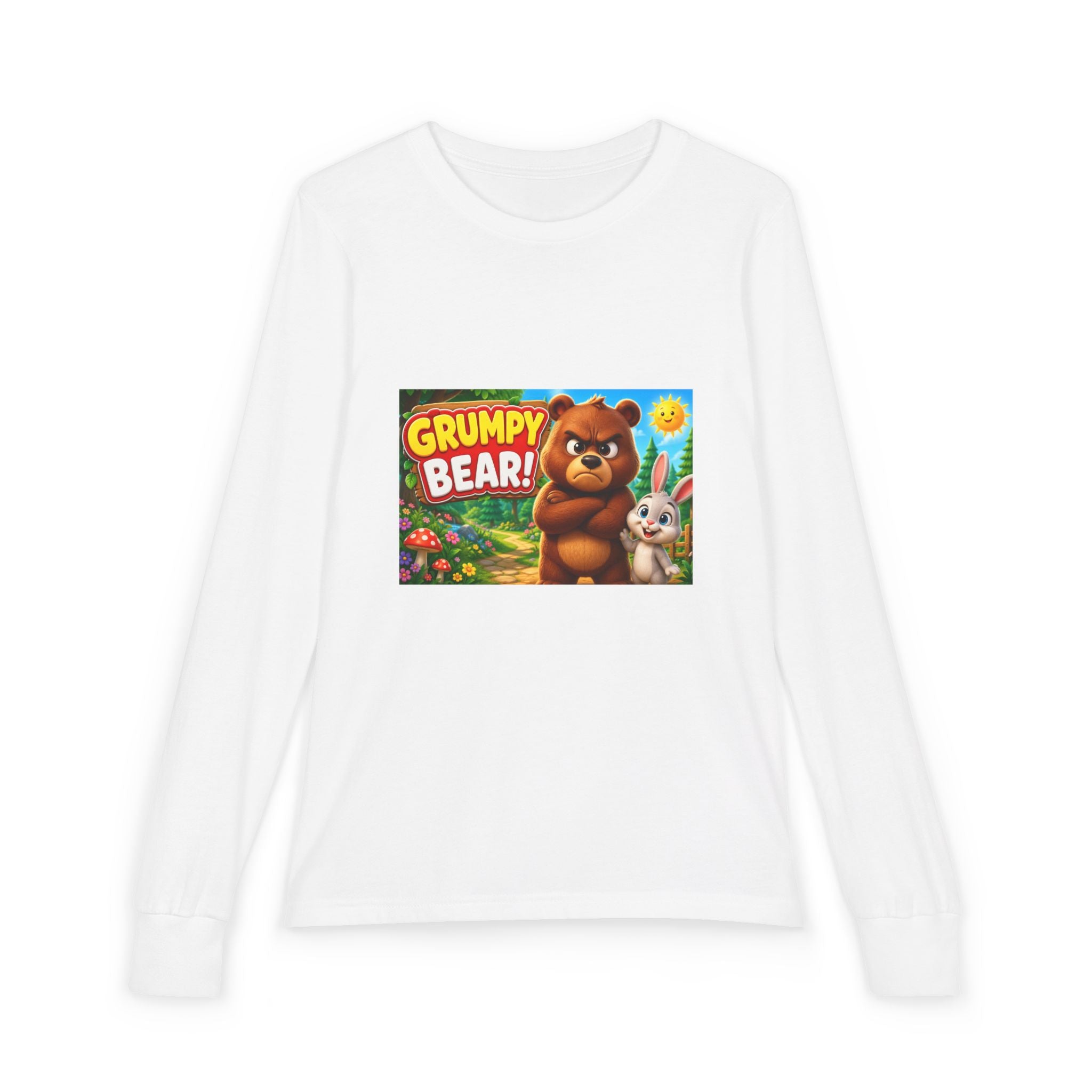Grumpy Bear Kids Long Sleeve Tee — Cute Cartoon Bear & Bunny Graphic