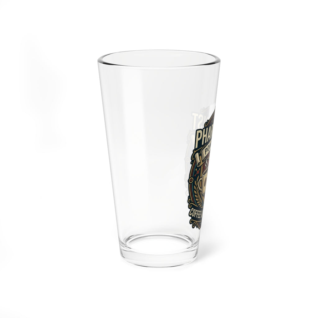 Pharmacist 16oz Mixing Glass — "Powered by Coffee & Prescriptions"